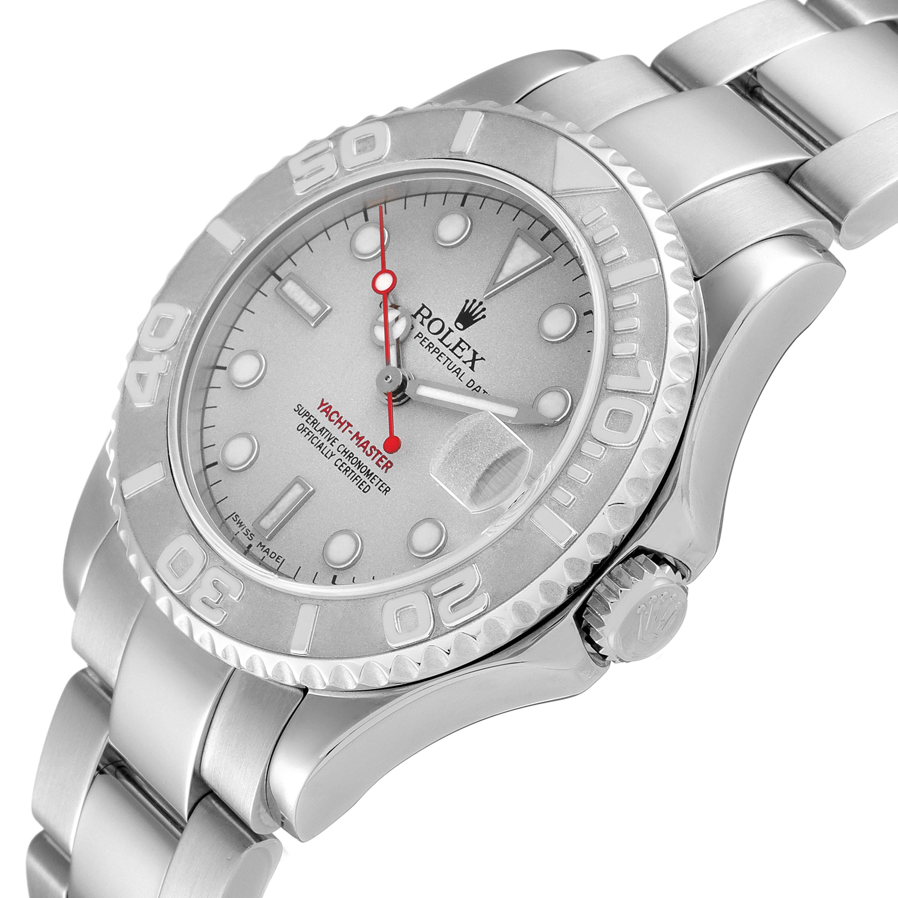 The Rolex Yacht-Master 168622 Men's Stainless Steel Silver Dial 168622 Men's Stainless Steel Silver Dial is shown at a slight angle, displaying the case, bezel, dial, bracelet, and crown clearly.