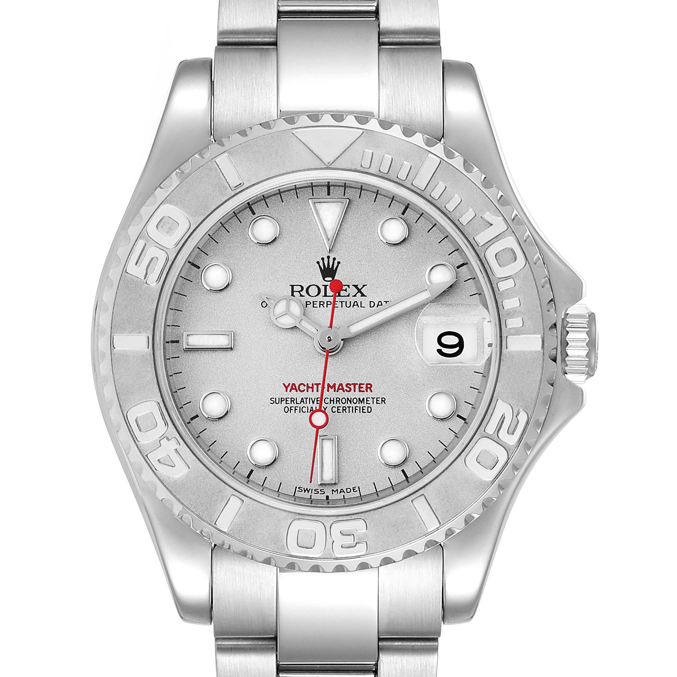 The image shows a front view of the Rolex Yacht-Master 168622 Men's Stainless Steel Silver Dial 168622 Men's Stainless Steel Silver Dial watch, including the dial, bezel, hands, date window, and part of the bracelet.