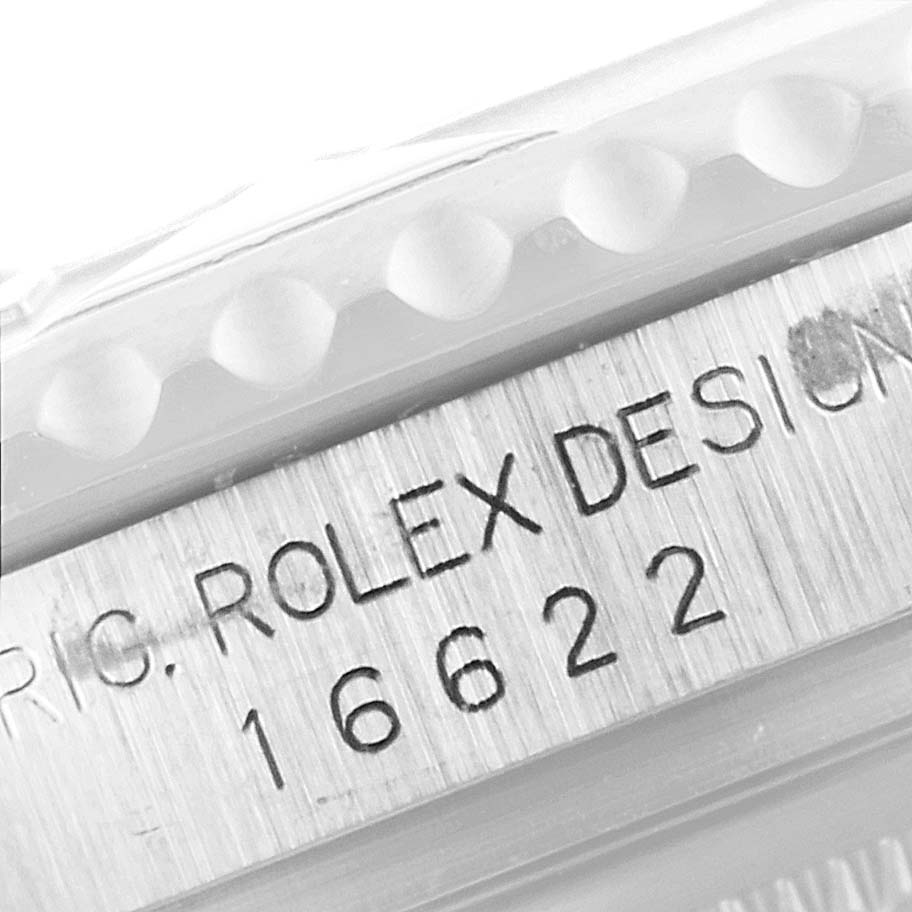 This close-up image shows the engraved model number "16622" on the side of a Rolex Yacht-Master 16622 Men
s Stainless Steel Silver Dial 16622 Men
s Stainless Steel Silver Dial watch case.