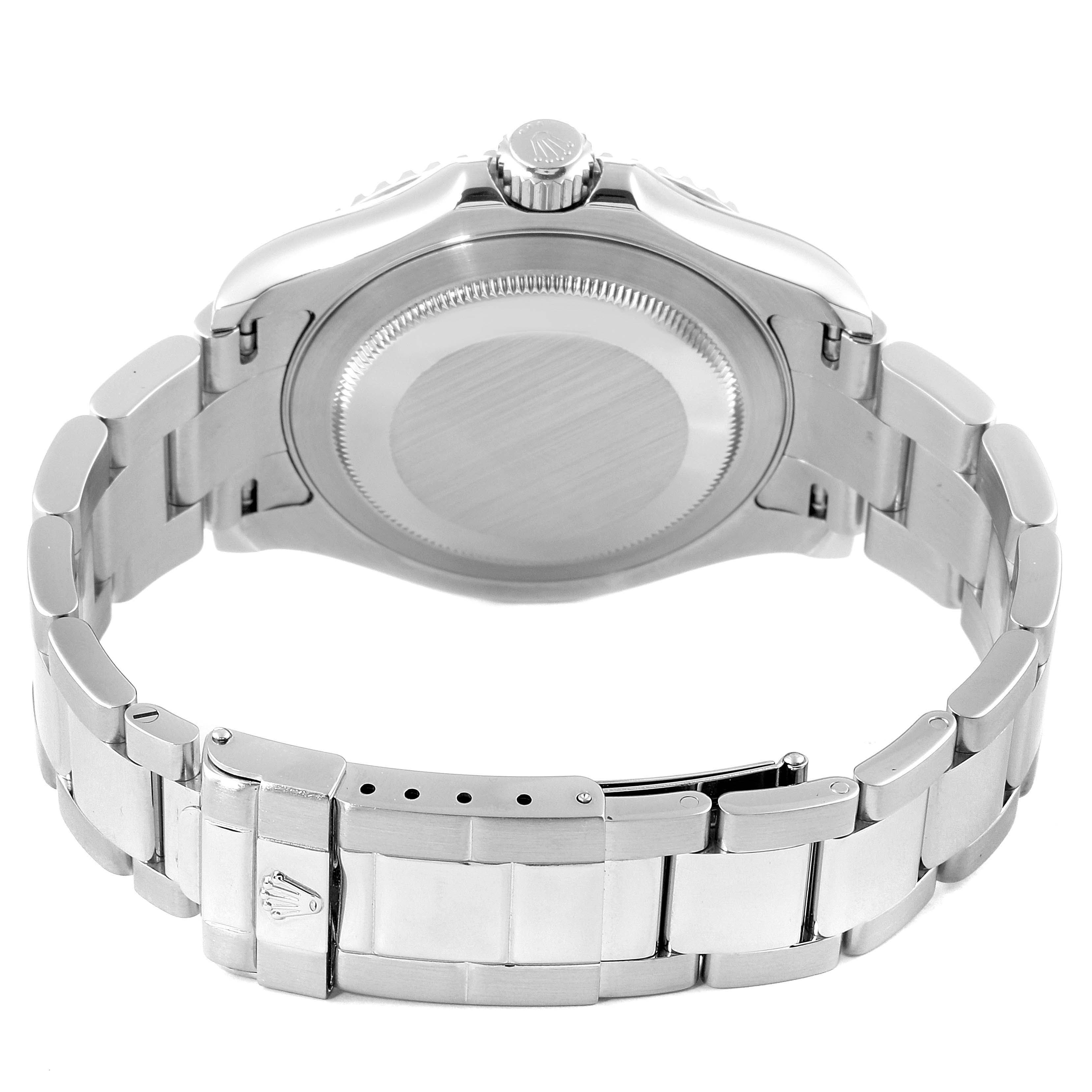 This image shows the back case, bracelet, and clasp of the Rolex Yacht-Master 16622 Men
s Stainless Steel Silver Dial 16622 Men
s Stainless Steel Silver Dial watch from a rear angle.