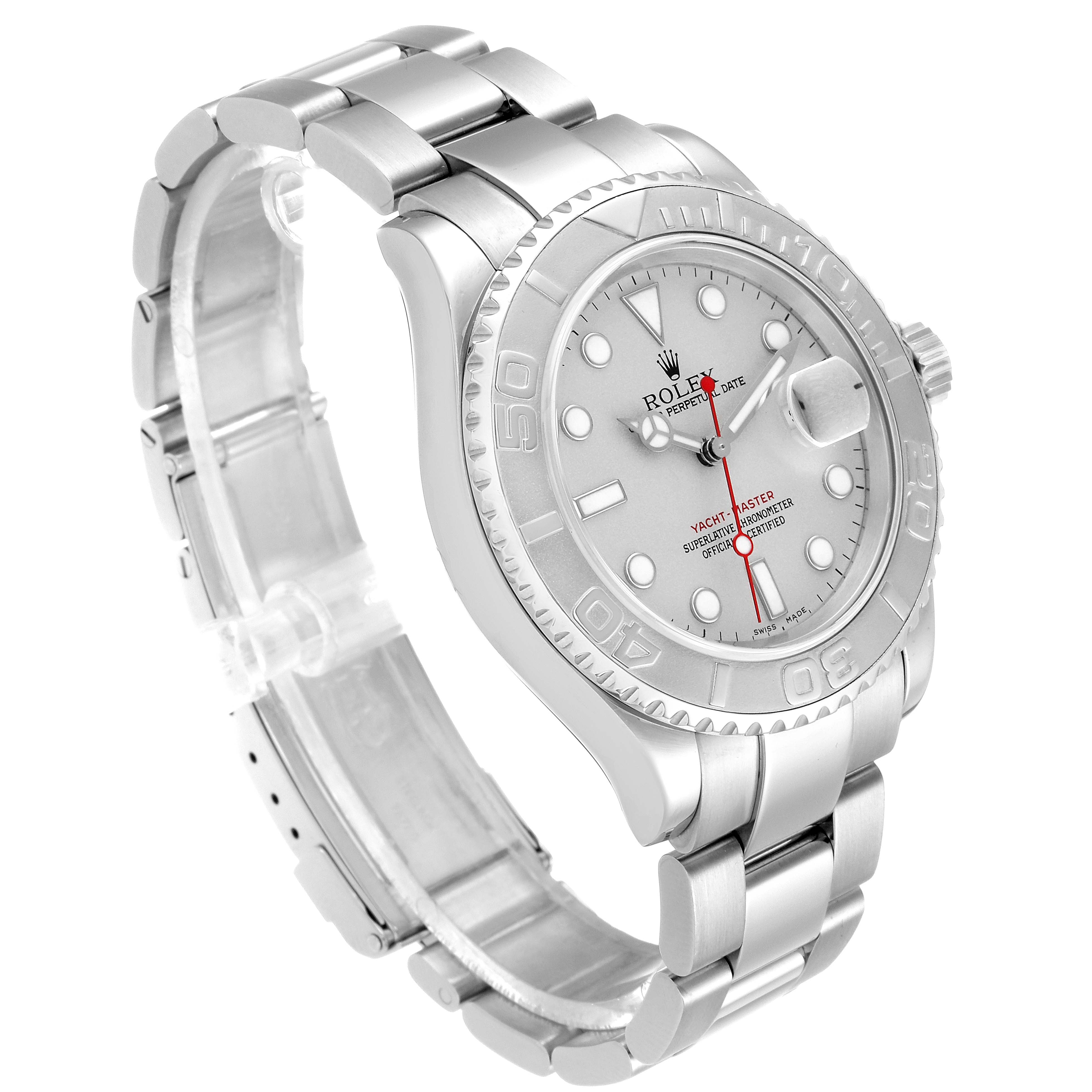 The image shows a Rolex Yacht-Master 16622 Men
s Stainless Steel Silver Dial 16622 Men
s Stainless Steel Silver Dial watch at a three-quarter angle, displaying the face, bezel, and bracelet.