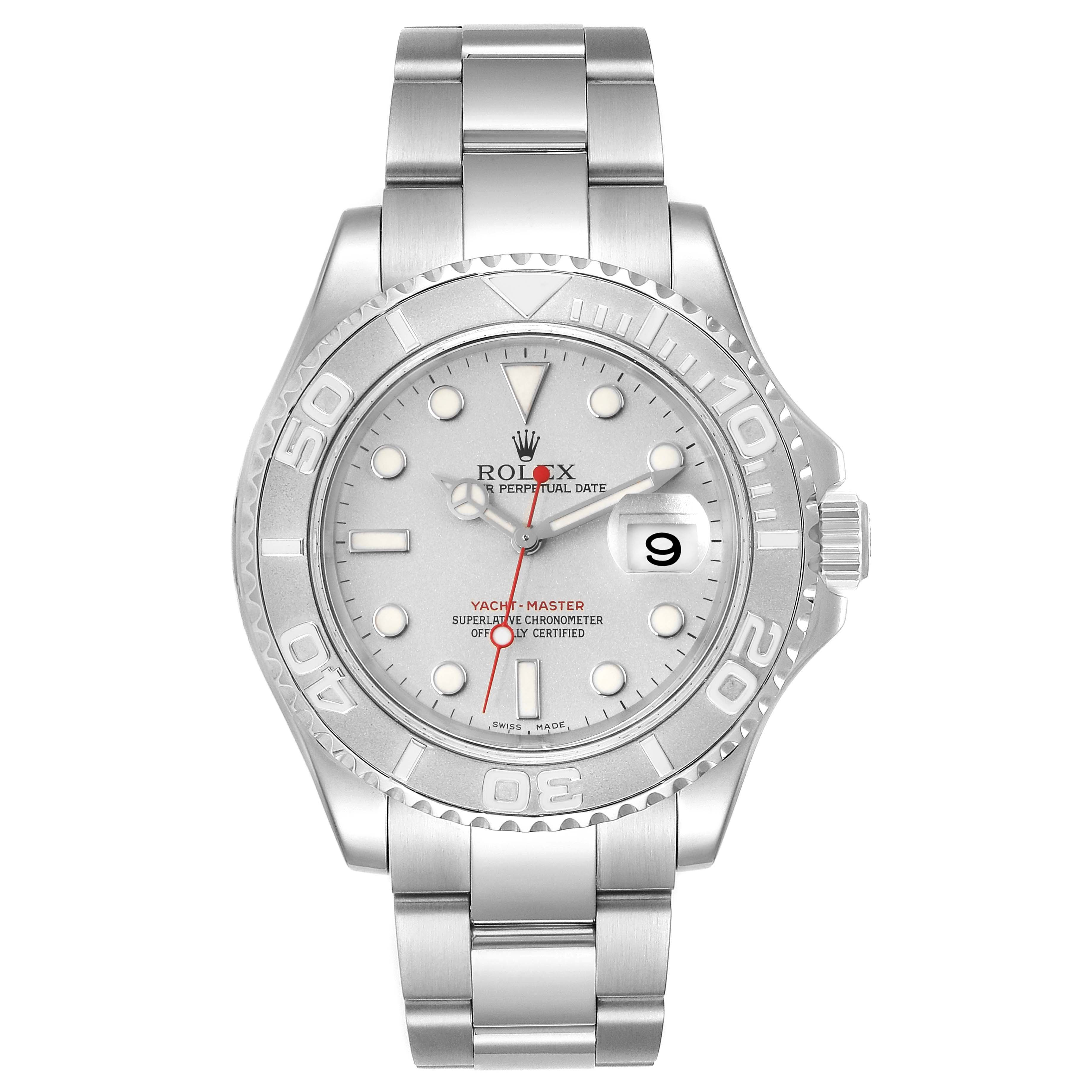 The image shows a front view of the Rolex Yacht-Master 16622 Men
s Stainless Steel Silver Dial 16622 Men
s Stainless Steel Silver Dial watch, highlighting the face, bezel, bracelet, and crown.