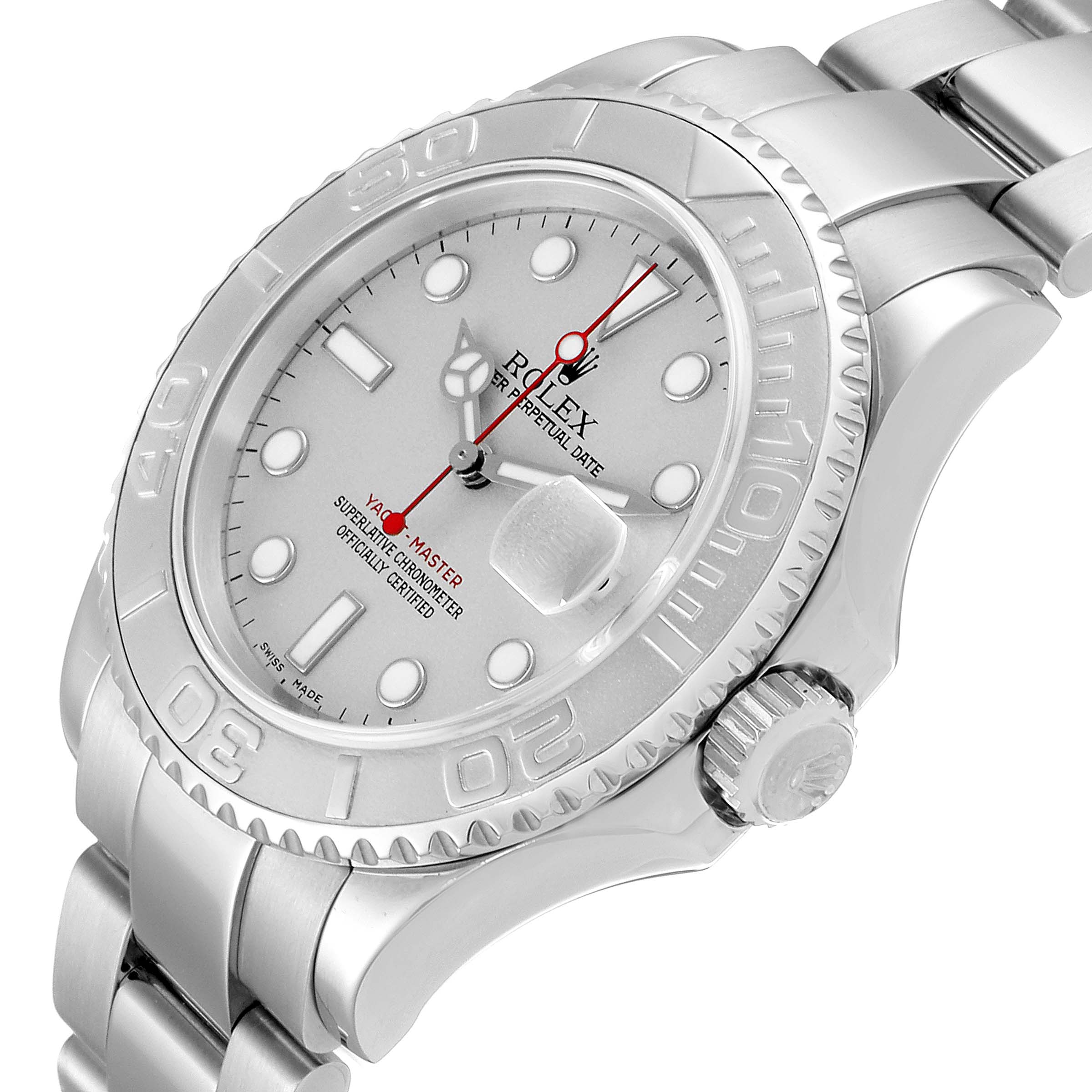 The Rolex Yacht-Master 16622 Men
s Stainless Steel Silver Dial 16622 Men
s Stainless Steel Silver Dial watch is shown at a tilted angle, highlighting the face, bezel, crown, and metal bracelet.