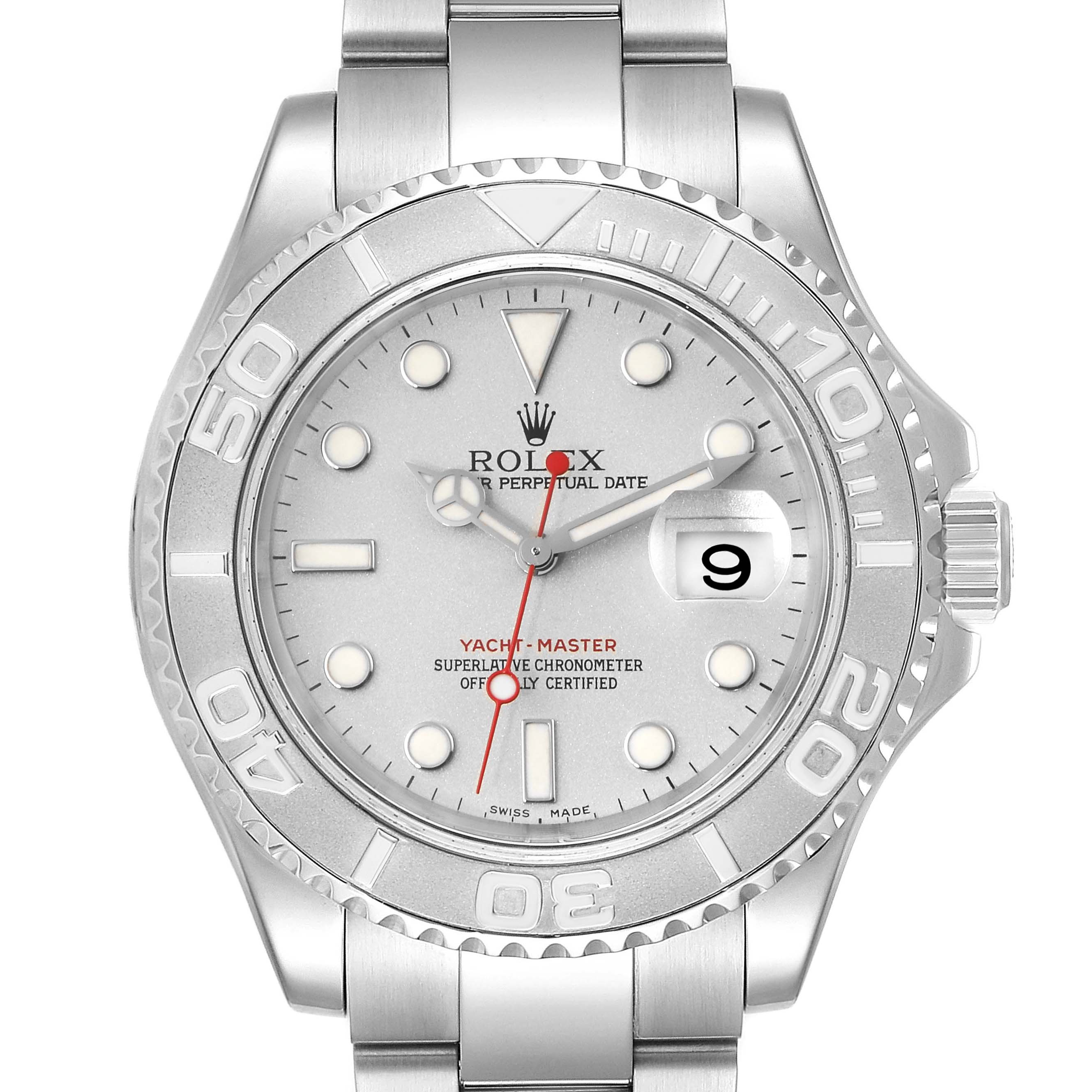 The Rolex Yacht-Master 16622 Men
s Stainless Steel Silver Dial 16622 Men
s Stainless Steel Silver Dial watch is shown from a front angle, displaying its face, bezel, crown, and part of the bracelet.