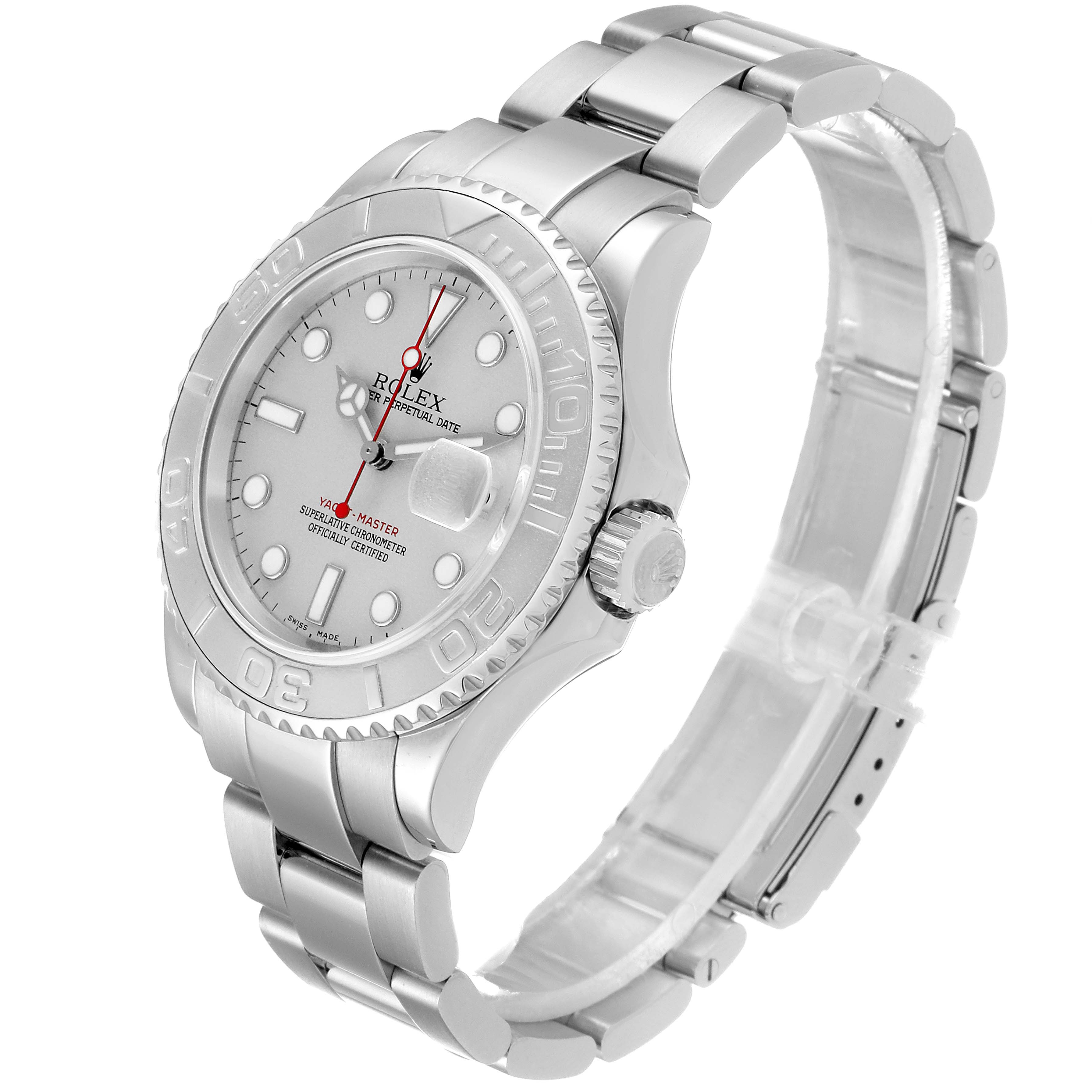 The image shows a side-angle view of a Rolex Yacht-Master 16622 Men
s Stainless Steel Silver Dial 16622 Men
s Stainless Steel Silver Dial watch displaying the dial, bracelet, crown, and part of the clasp.