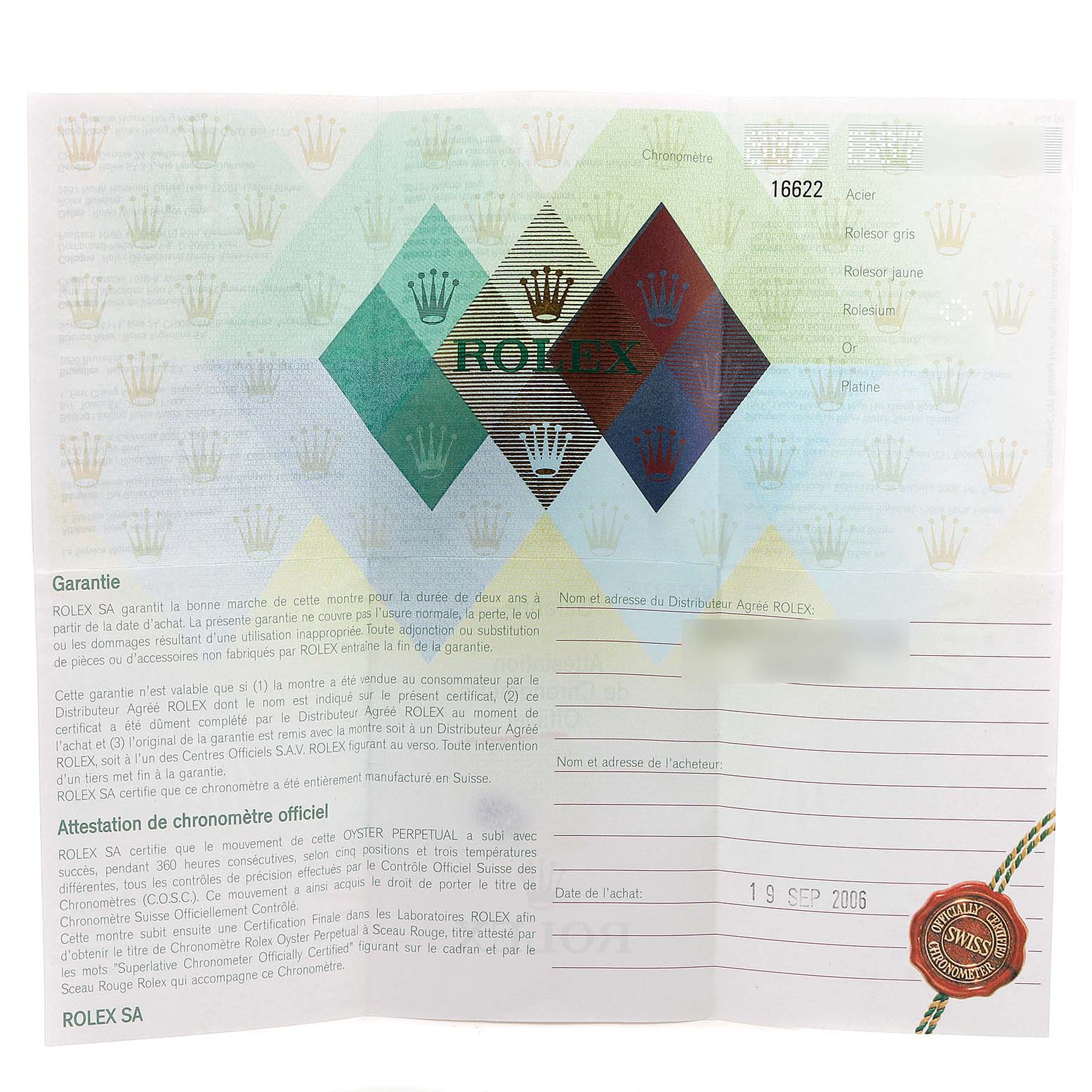 The image shows a warranty certificate for the Rolex Yacht-Master 16622 Men
s Stainless Steel Silver Dial 16622 Men
s Stainless Steel Silver Dial model from an overhead angle.