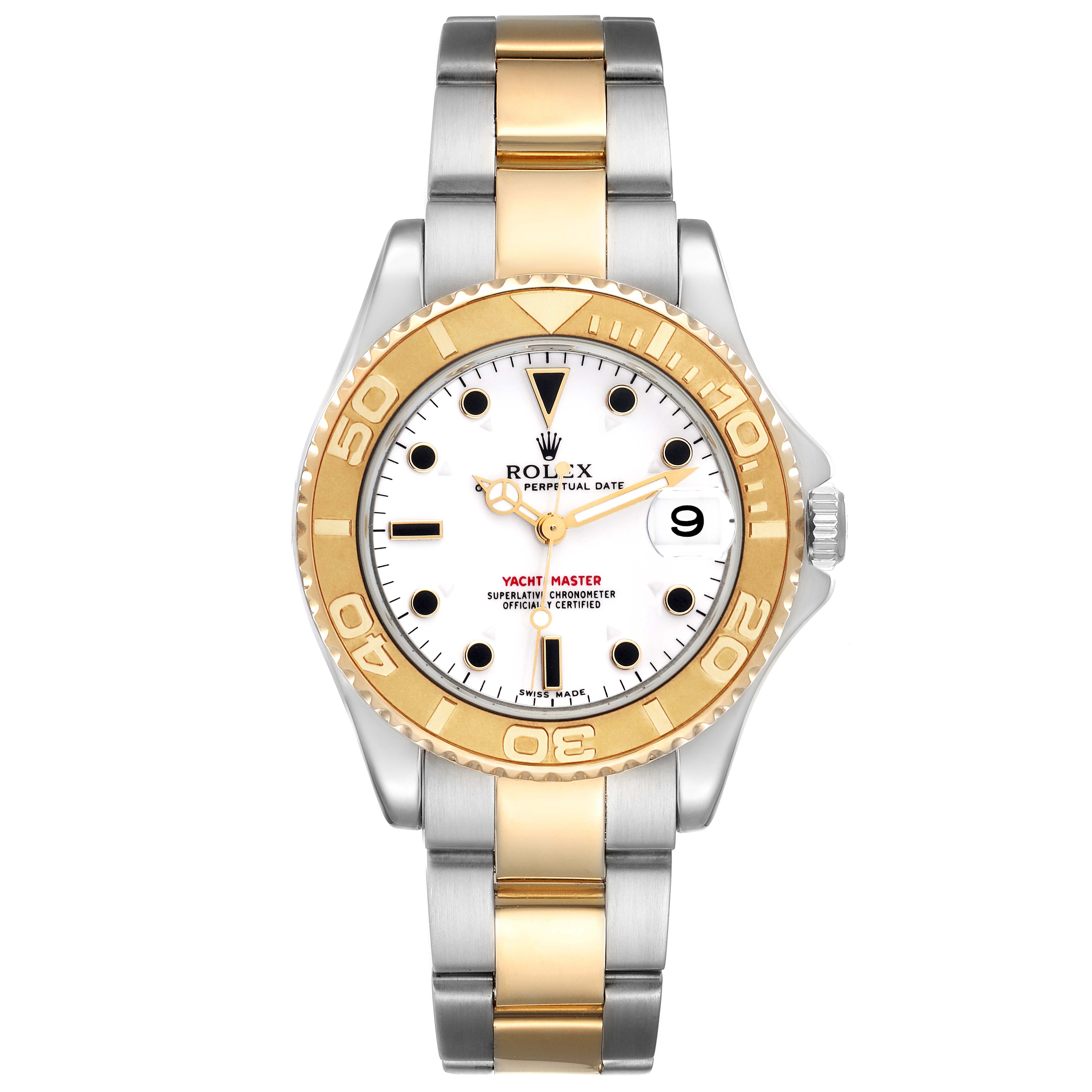 The Rolex Yacht-Master 168623 Men's Steel and Gold (two tone) White Dial 168623 Men's Steel and Gold (two tone) White Dial watch is shown from the front, displaying the face, bezel, and bracelet.