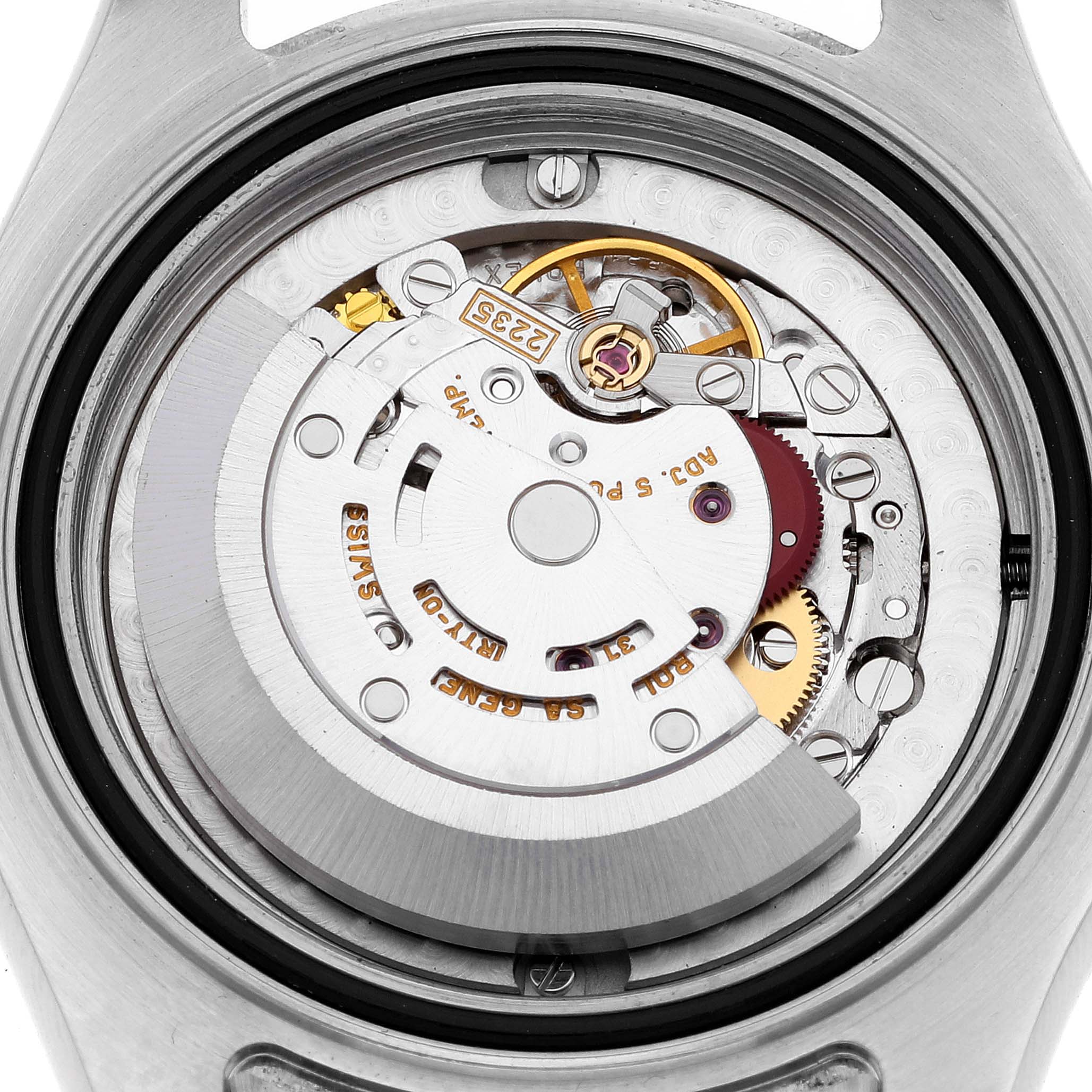 The image shows the inner mechanical movement components of a Rolex Yacht-Master 168623 Men's Steel and Gold (two tone) White Dial 168623 Men's Steel and Gold (two tone) White Dial watch from a back angle.