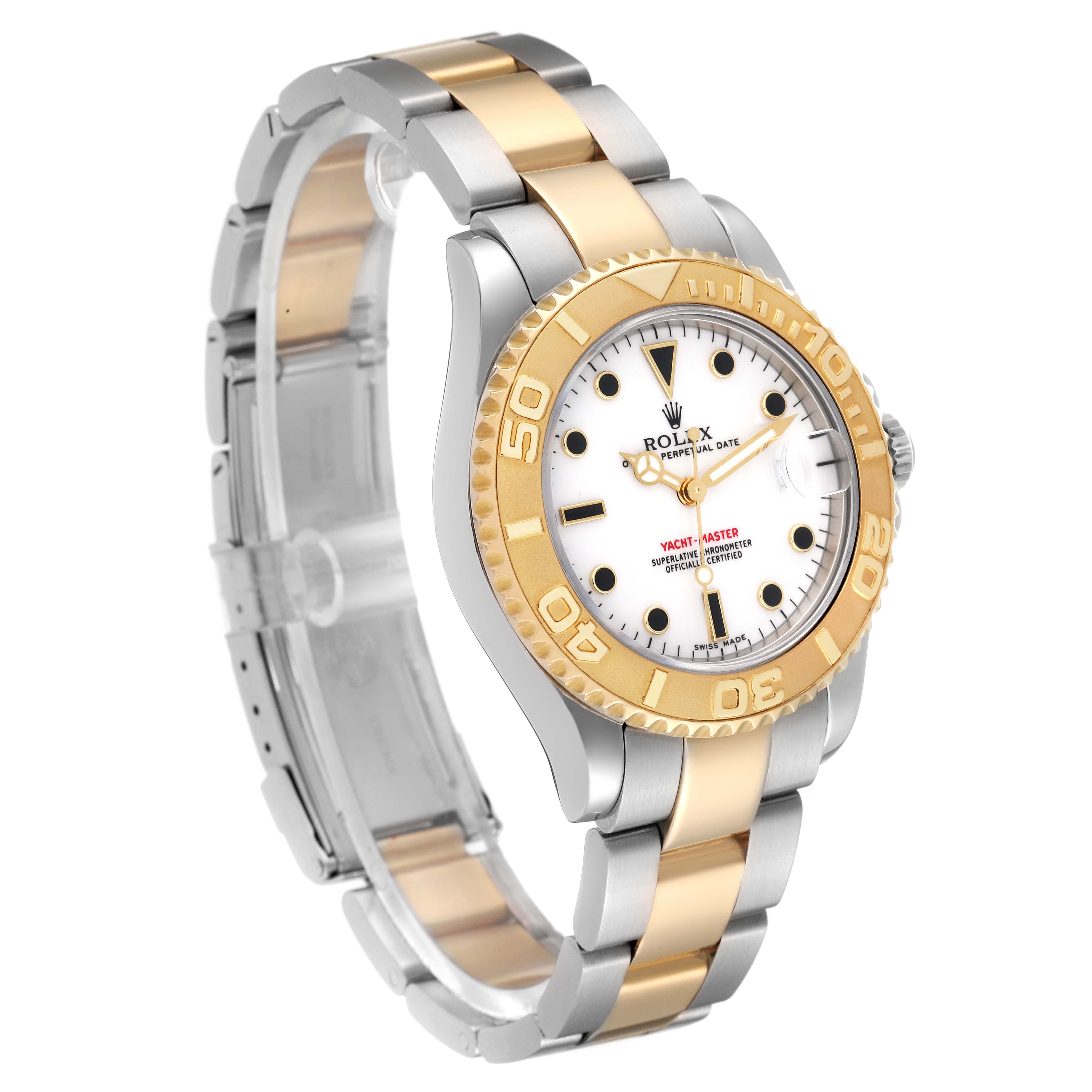 The Rolex Yacht-Master 168623 Men's Steel and Gold (two tone) White Dial 168623 Men's Steel and Gold (two tone) White Dial watch is shown at an angled side view, displaying its face, bezel, and bracelet.