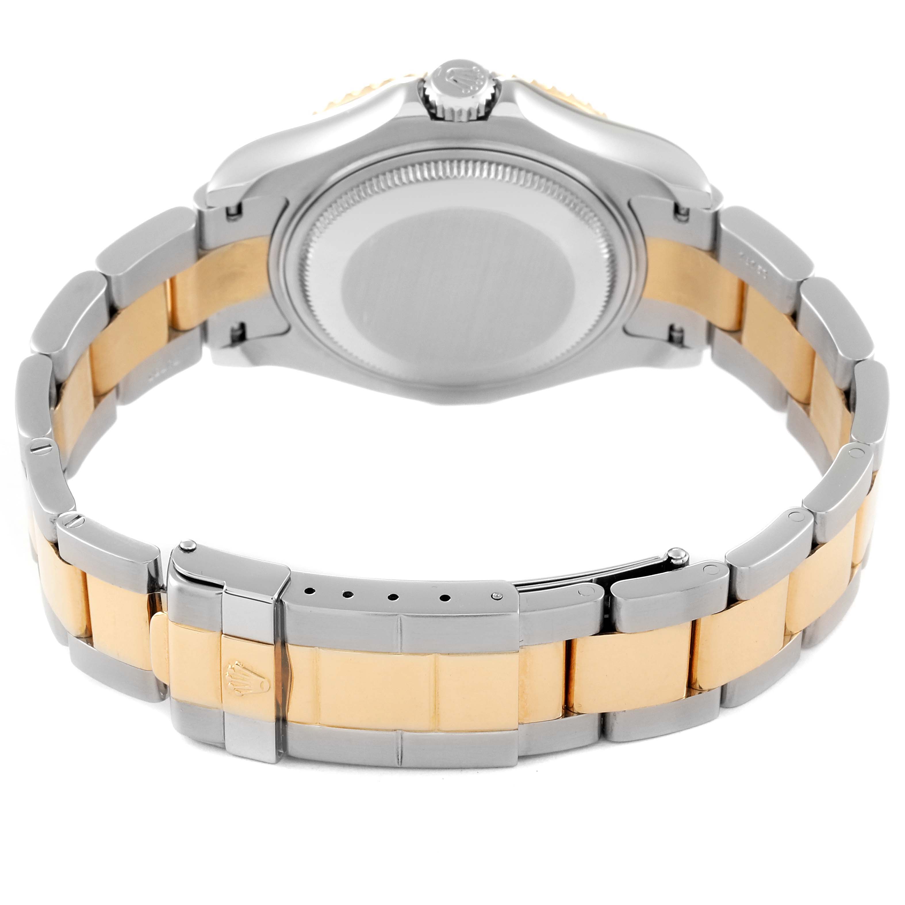 This image shows the back case and bracelet of a Rolex Yacht-Master 168623 Men's Steel and Gold (two tone) White Dial 168623 Men's Steel and Gold (two tone) White Dial watch at a straight-on angle.