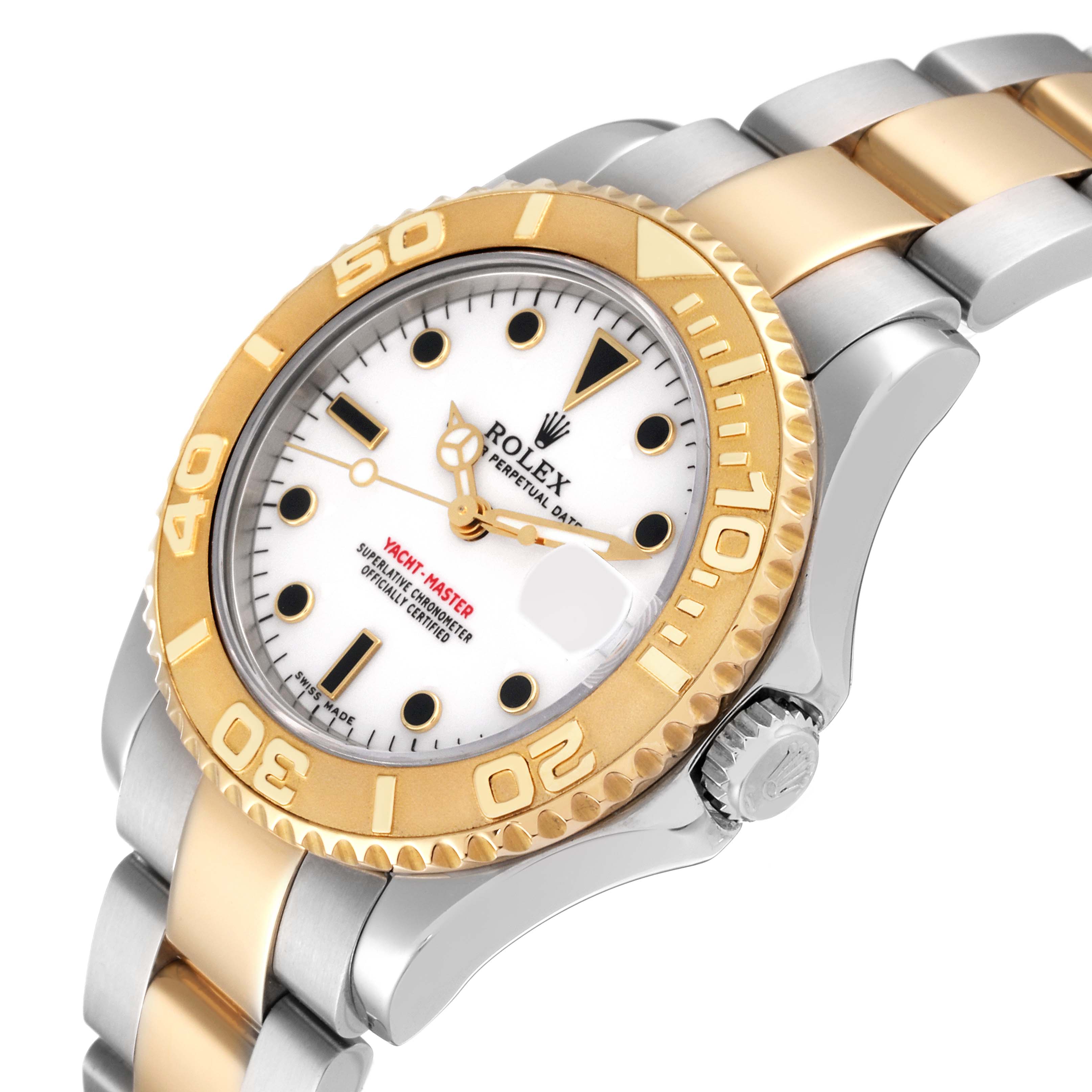 The image shows a side angle of the Rolex Yacht-Master 168623 Men's Steel and Gold (two tone) White Dial 168623 Men's Steel and Gold (two tone) White Dial watch including the bezel, dial, hands, crown, and part of the bracelet.