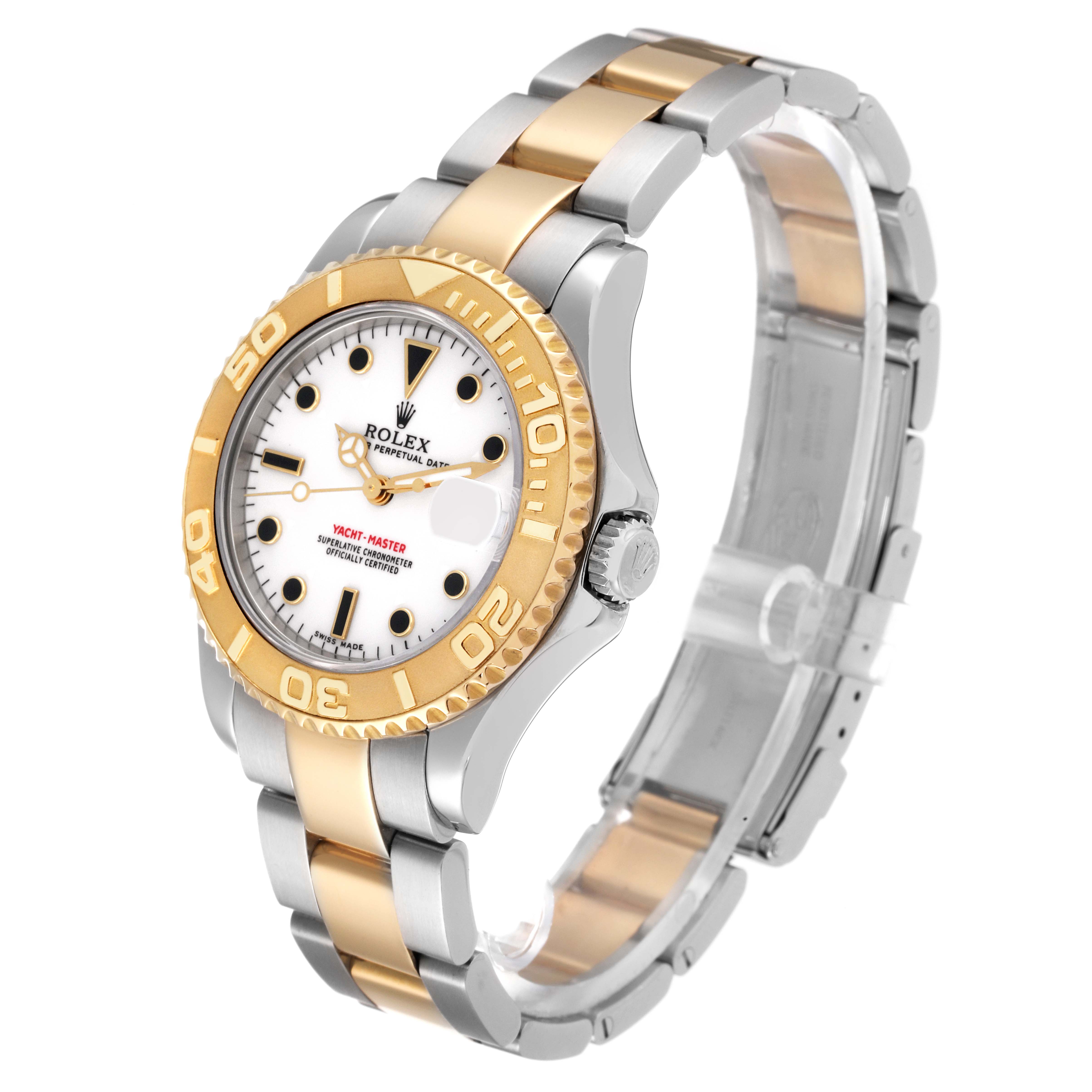 This is a Rolex Yacht-Master 168623 Men's Steel and Gold (two tone) White Dial 168623 Men's Steel and Gold (two tone) White Dial watch shown at a slight right-side angle, highlighting its two-tone bezel, dial, and bracelet.