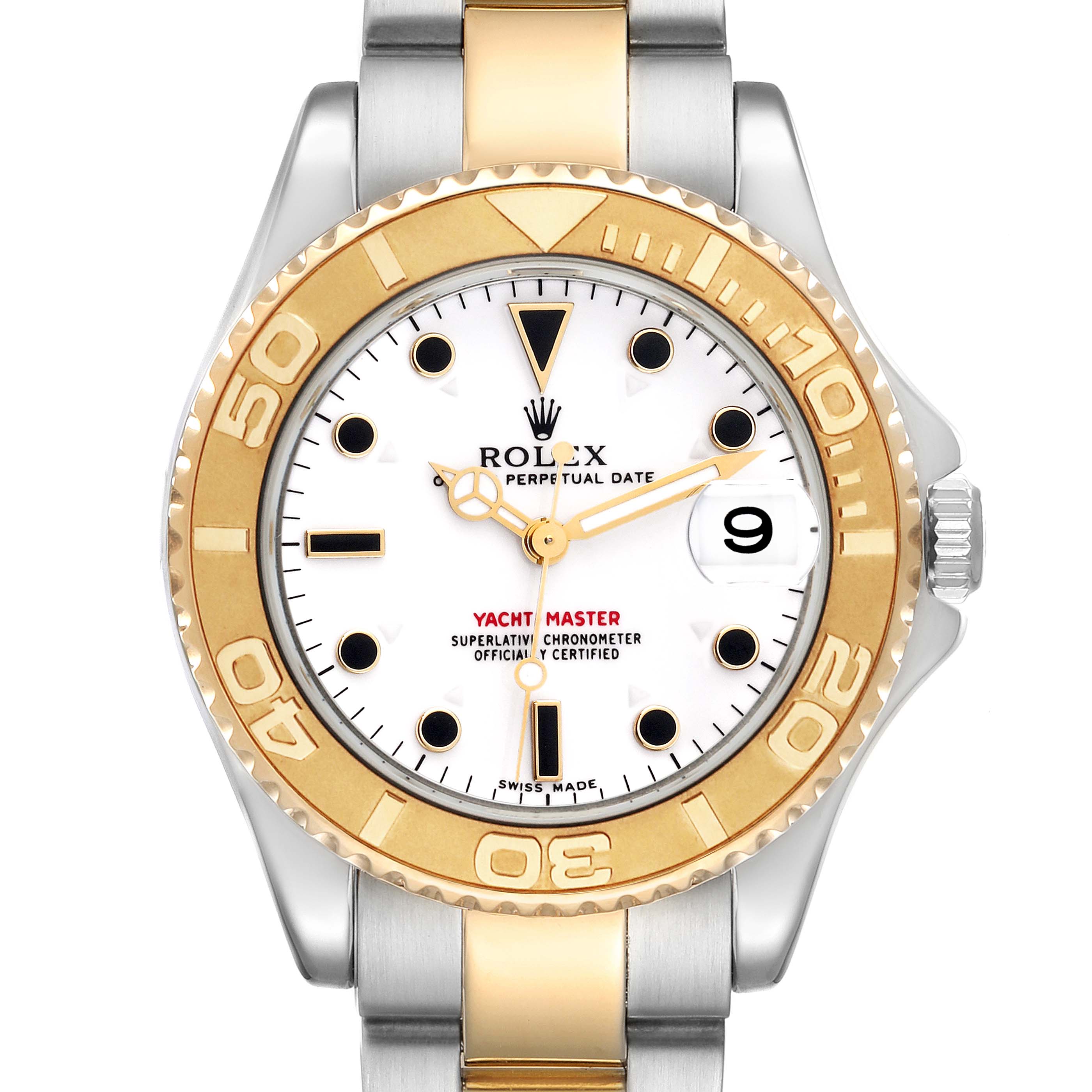 This image shows a front view of a Rolex Yacht-Master 168623 Men's Steel and Gold (two tone) White Dial 168623 Men's Steel and Gold (two tone) White Dial watch, highlighting its dial, bezels, and part of the bracelet.