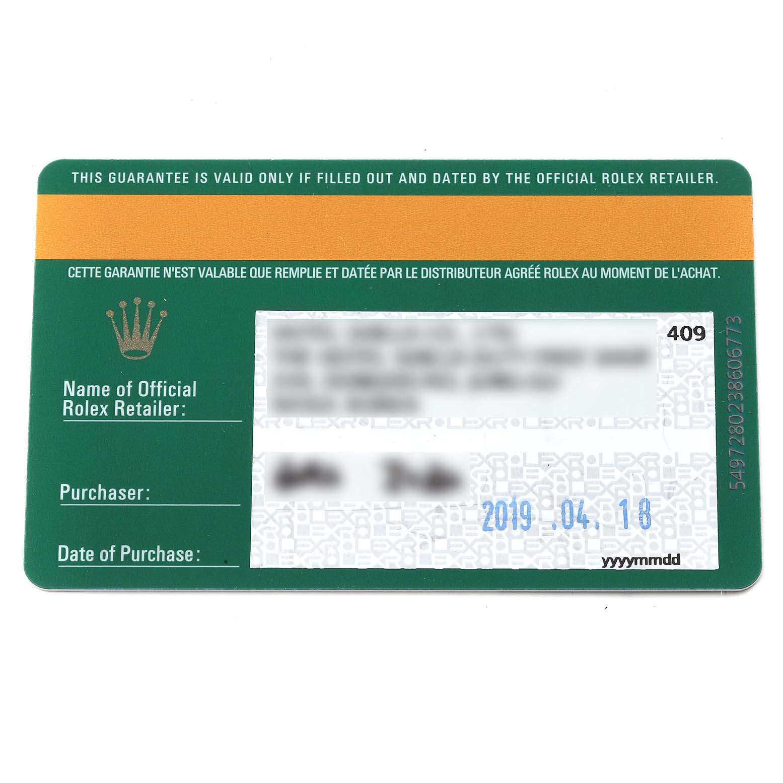 A Rolex Yacht-Master 116622 Men
s Stainless Steel Grey Dial 116622 Men
s Stainless Steel Grey Dial warranty card with details and purchase date shown from a top-down angle.