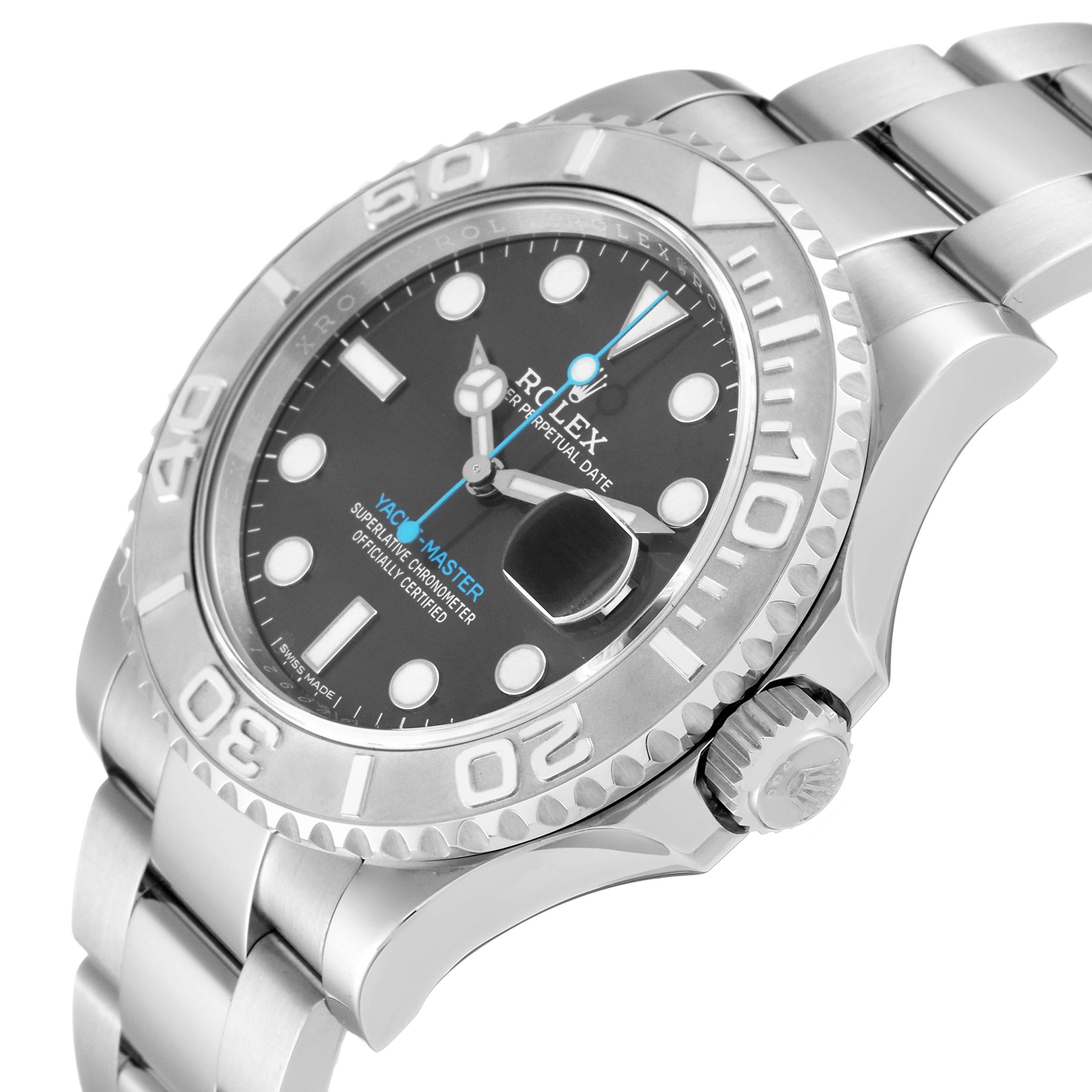 The image displays a side and angled view of the Rolex Yacht-Master 116622 Men
s Stainless Steel Grey Dial 116622 Men
s Stainless Steel Grey Dial watch, showcasing its bezel, dial, and bracelet.