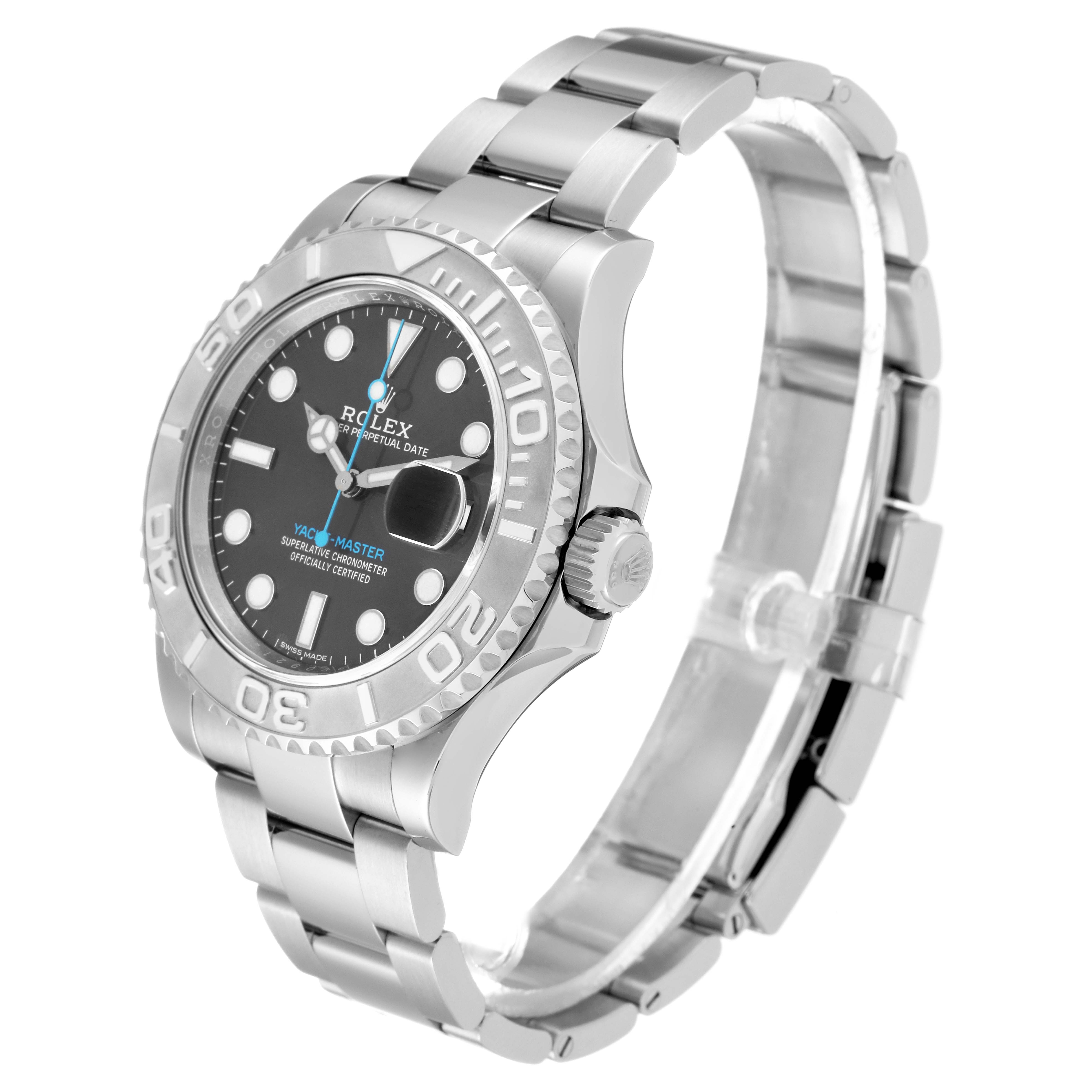 The Rolex Yacht-Master 116622 Men
s Stainless Steel Grey Dial 116622 Men
s Stainless Steel Grey Dial watch is angled slightly from the front, showing the face, bezel, crown, and full bracelet.