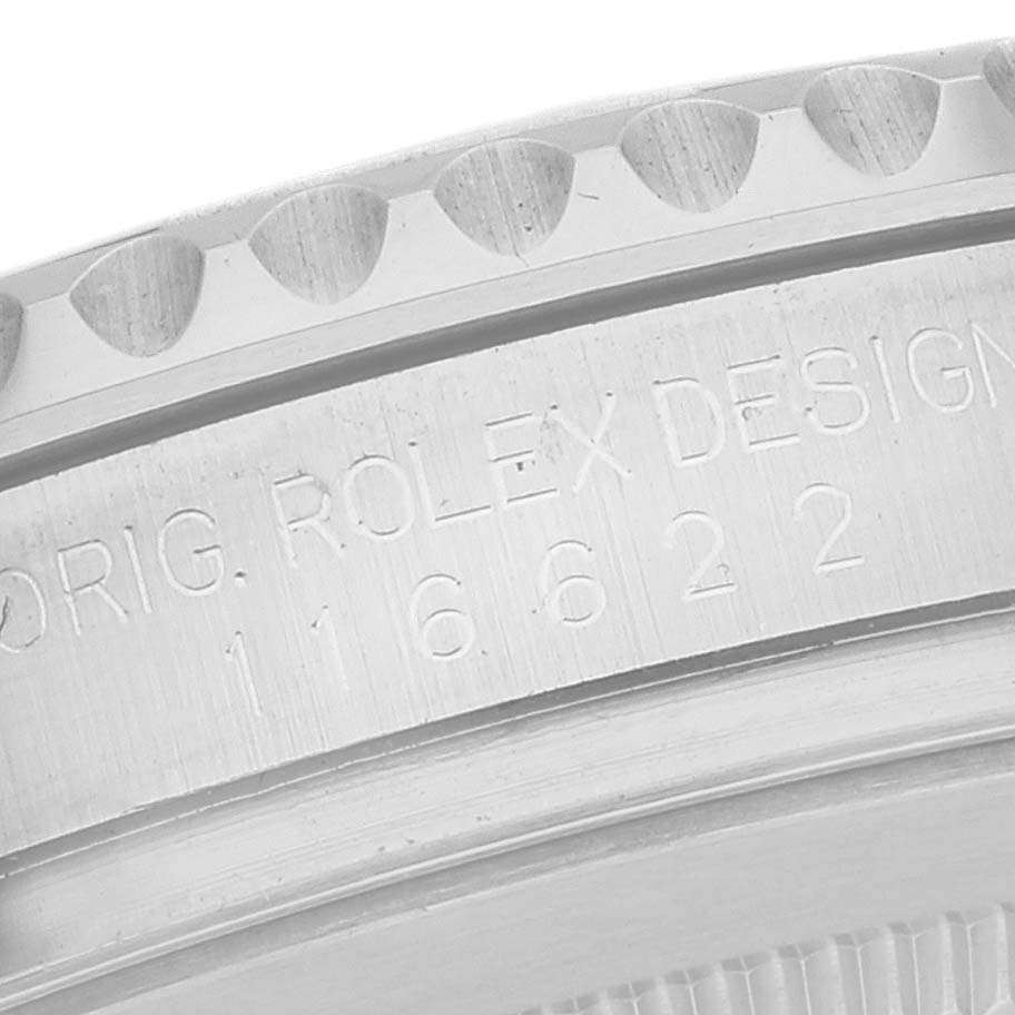 The image shows a close-up of the Rolex Yacht-Master 116622 Men
s Stainless Steel Grey Dial 116622 Men
s Stainless Steel Grey Dial
s bezel and engraved watch model number.