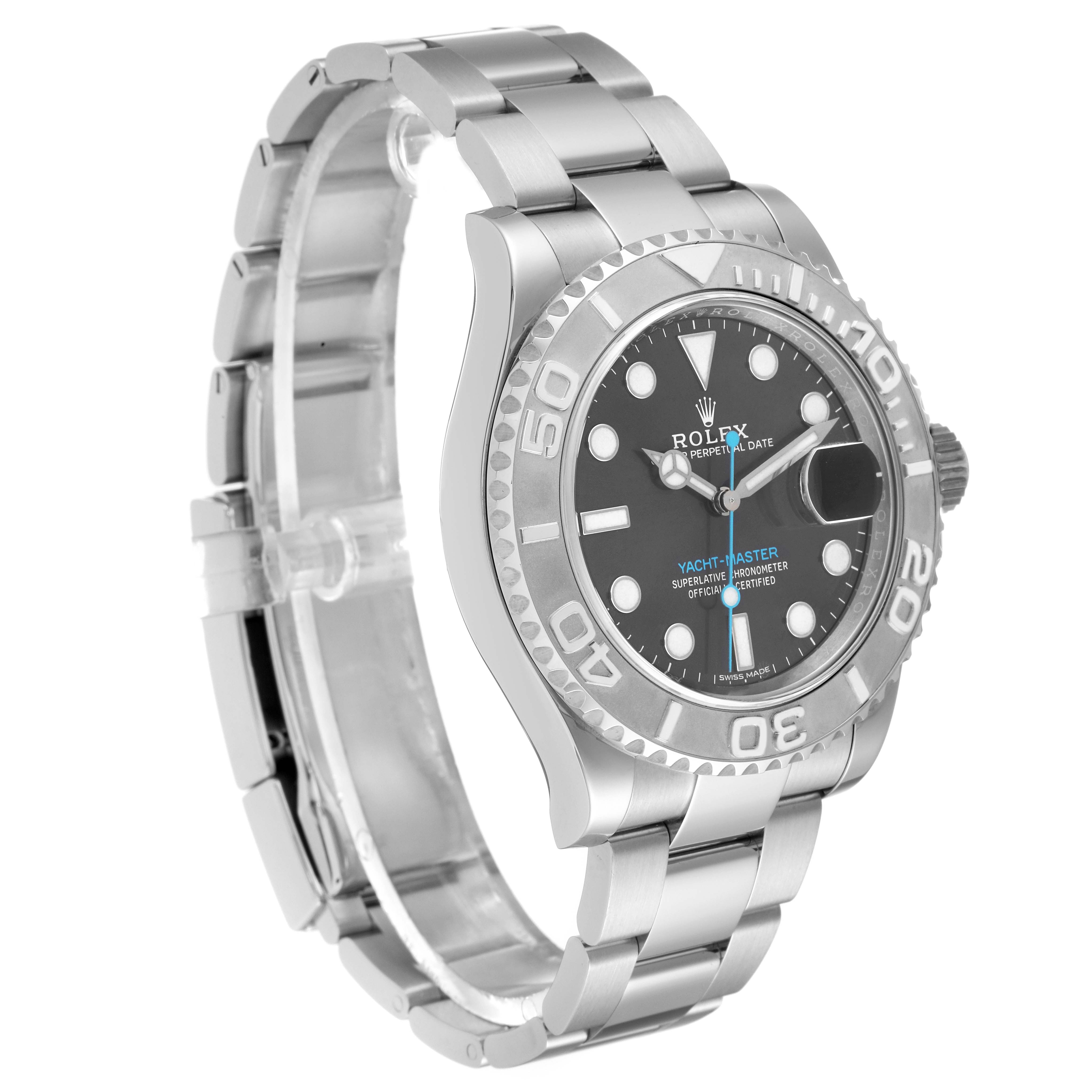 The Rolex Yacht-Master 116622 Men
s Stainless Steel Grey Dial 116622 Men
s Stainless Steel Grey Dial watch is shown at a front-left angle displaying the dial, bezel, and part of the bracelet.