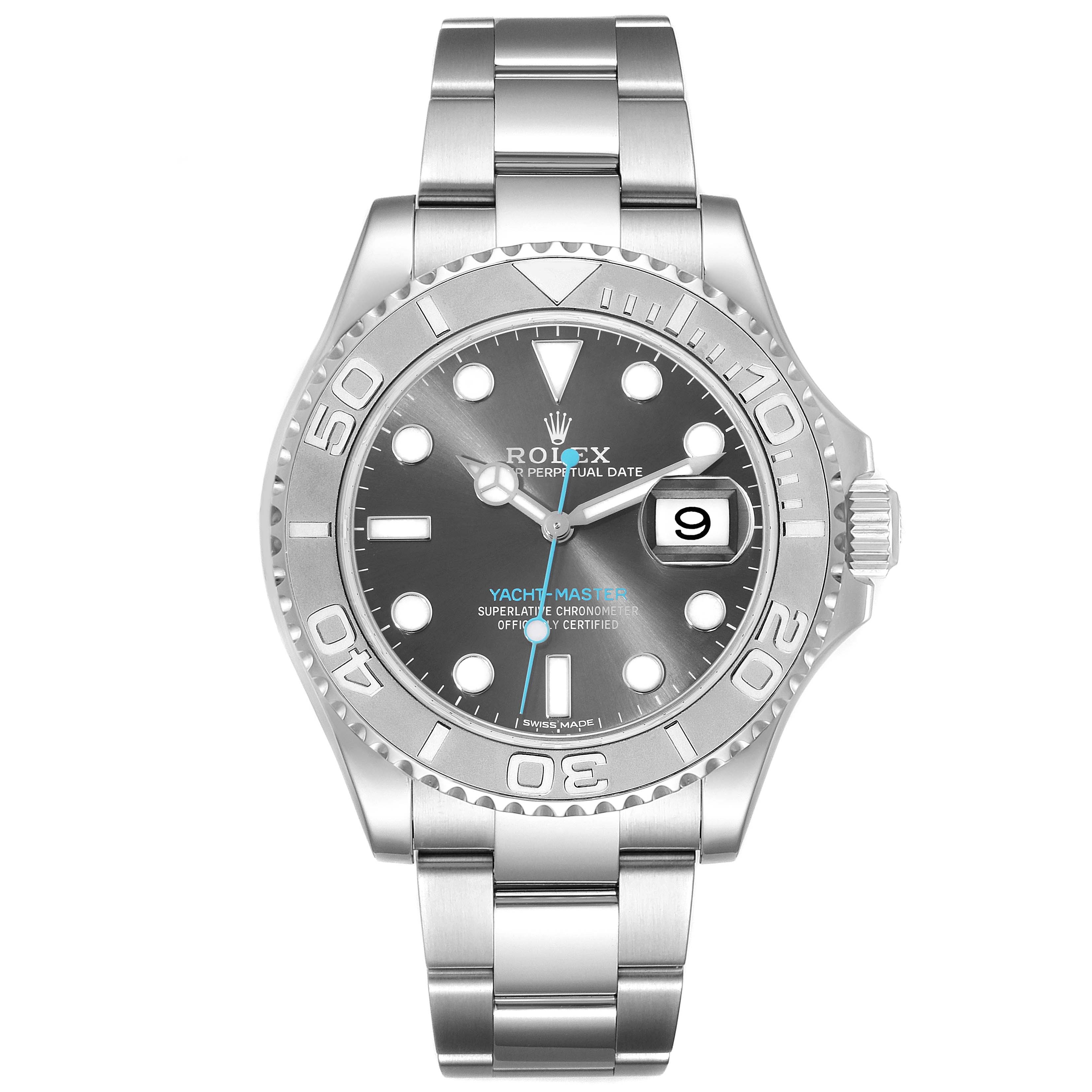 This image shows the face and bracelet of a Rolex Yacht-Master 116622 Men
s Stainless Steel Grey Dial 116622 Men
s Stainless Steel Grey Dial watch from a front-facing angle.