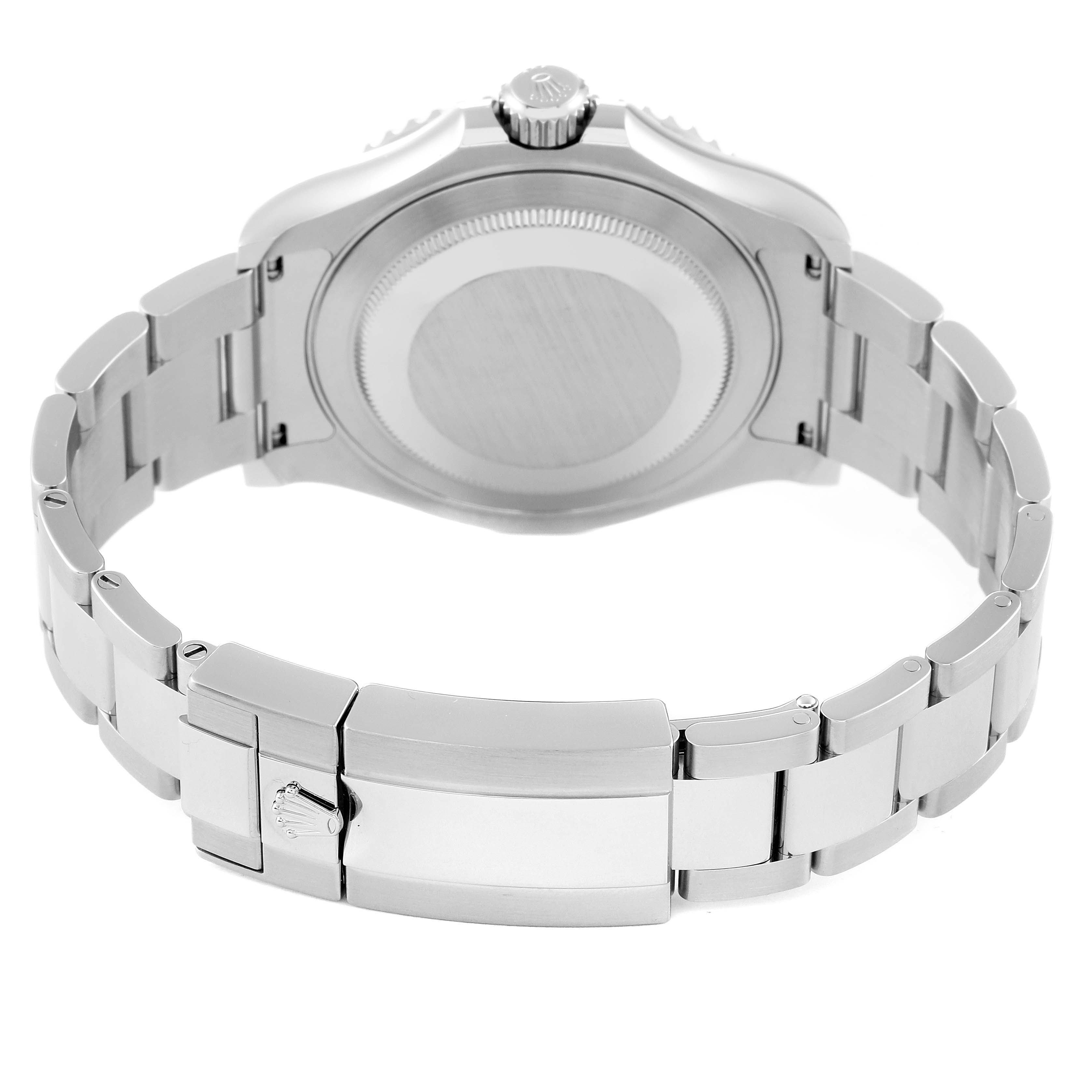 The image shows the back and clasp of a Rolex Yacht-Master 116622 Men
s Stainless Steel Grey Dial 116622 Men
s Stainless Steel Grey Dial watch, highlighting the bracelet and case back.