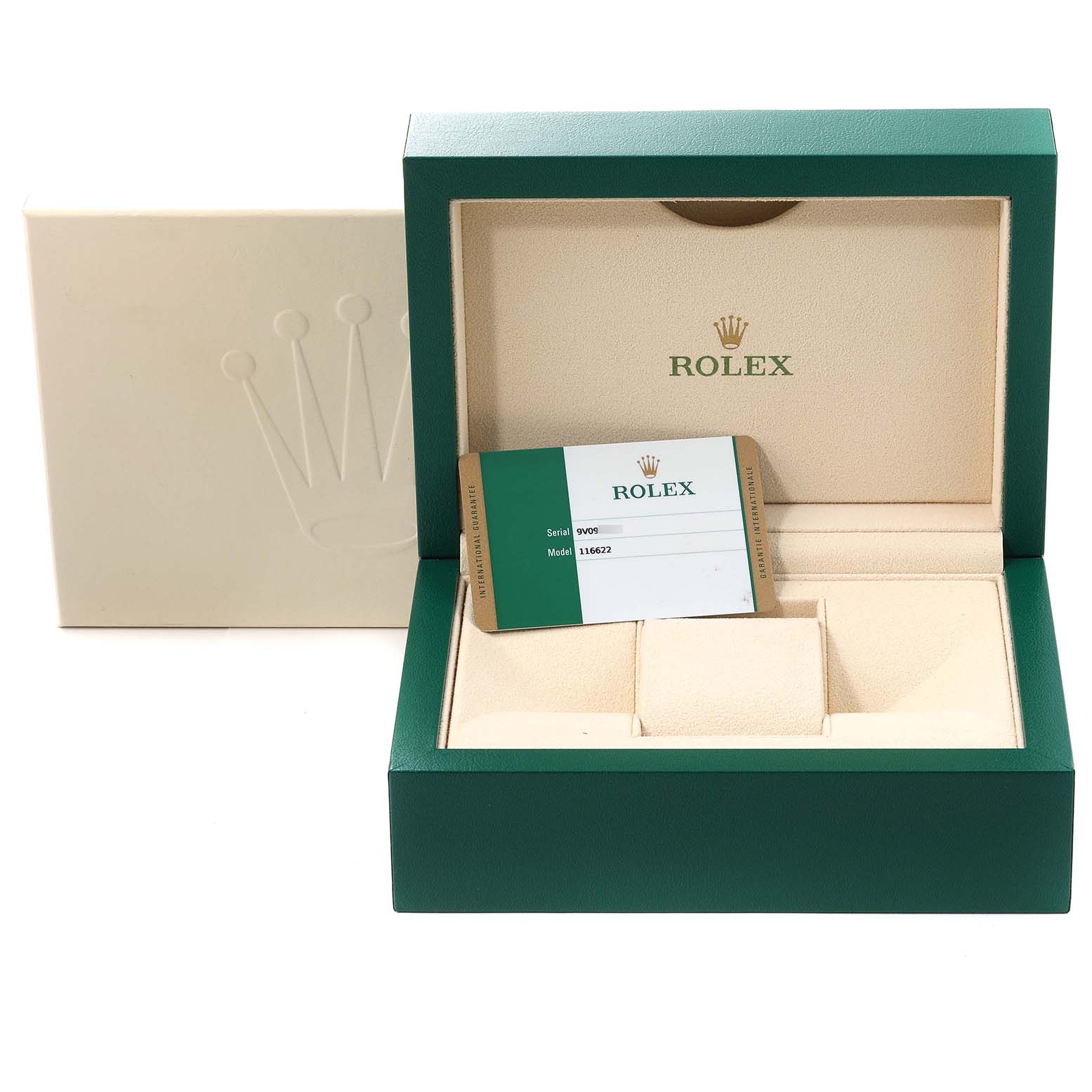 The image shows the open view of a Rolex Yacht-Master 116622 Men
s Stainless Steel Grey Dial 116622 Men
s Stainless Steel Grey Dial watch box and Best Quality
ity card.