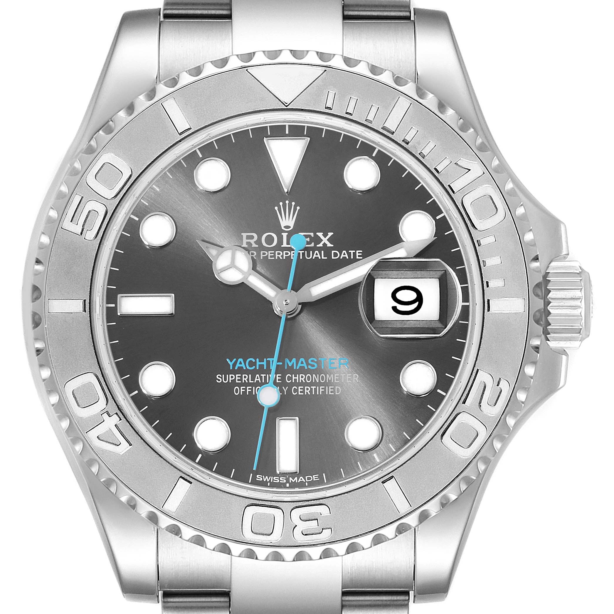 The image shows the front view of a Rolex Yacht-Master 116622 Men
s Stainless Steel Grey Dial 116622 Men
s Stainless Steel Grey Dial watch, highlighting the dial, bezel, hands, and date window.