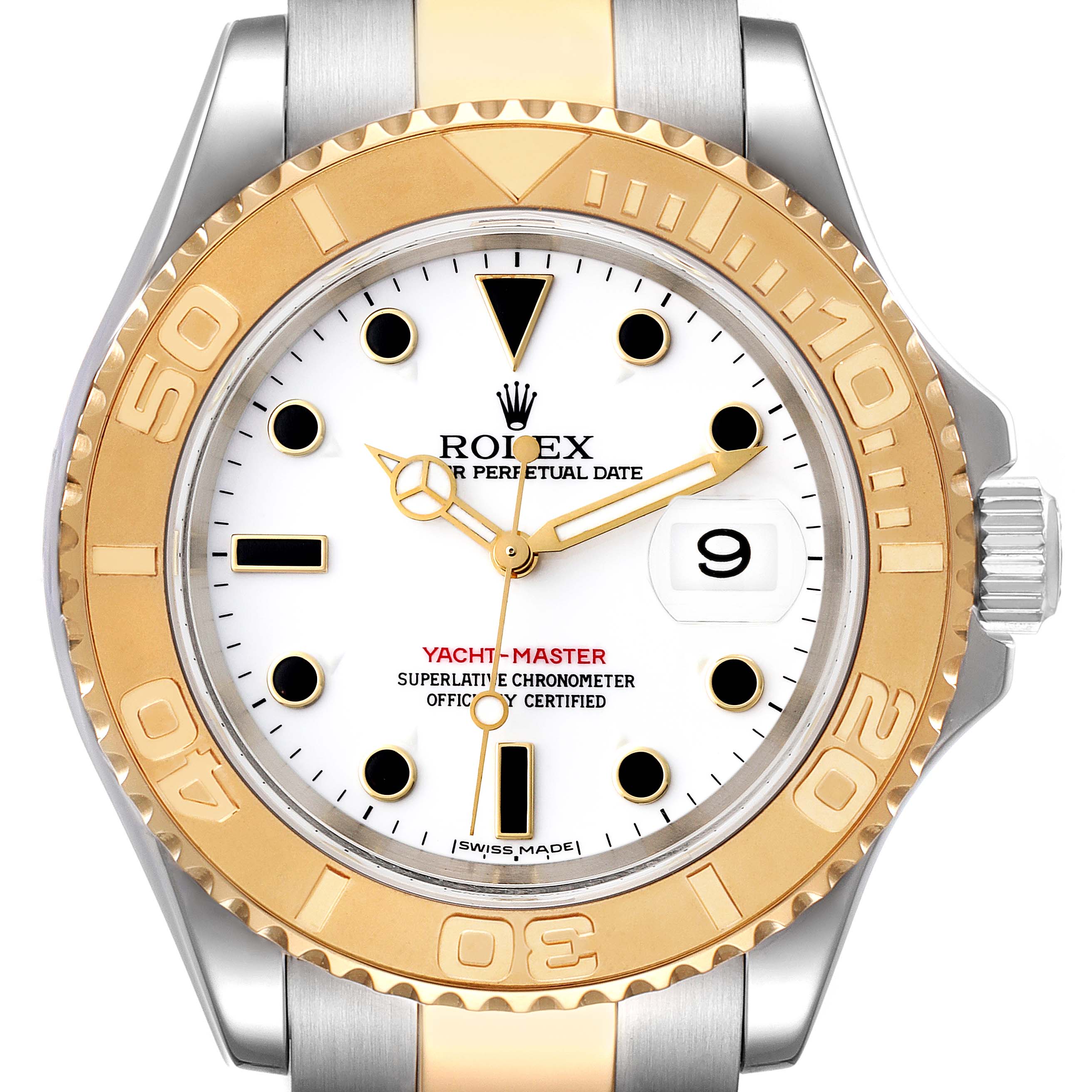 The image shows a front view of a Rolex Yacht-Master 16623 Men's Steel and Gold (two tone) White Dial 16623 Men's Steel and Gold (two tone) White Dial, highlighting the dial, bezel, and partially visible bracelet.