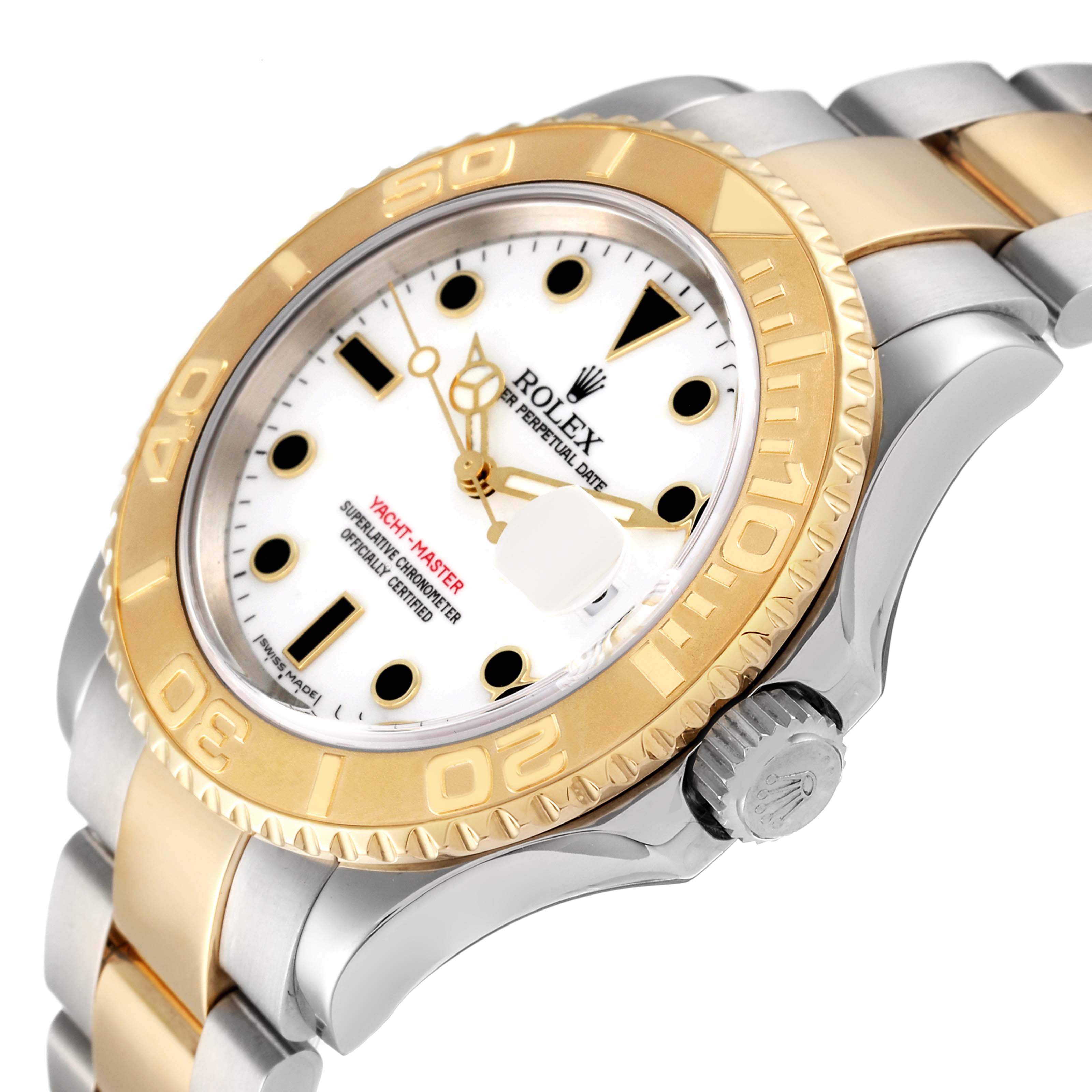 The Rolex Yacht-Master 16623 Men's Steel and Gold (two tone) White Dial 16623 Men's Steel and Gold (two tone) White Dial watch is shown from an angled view, highlighting the gold bezel, white dial, and partially the two-toned bracelet.
