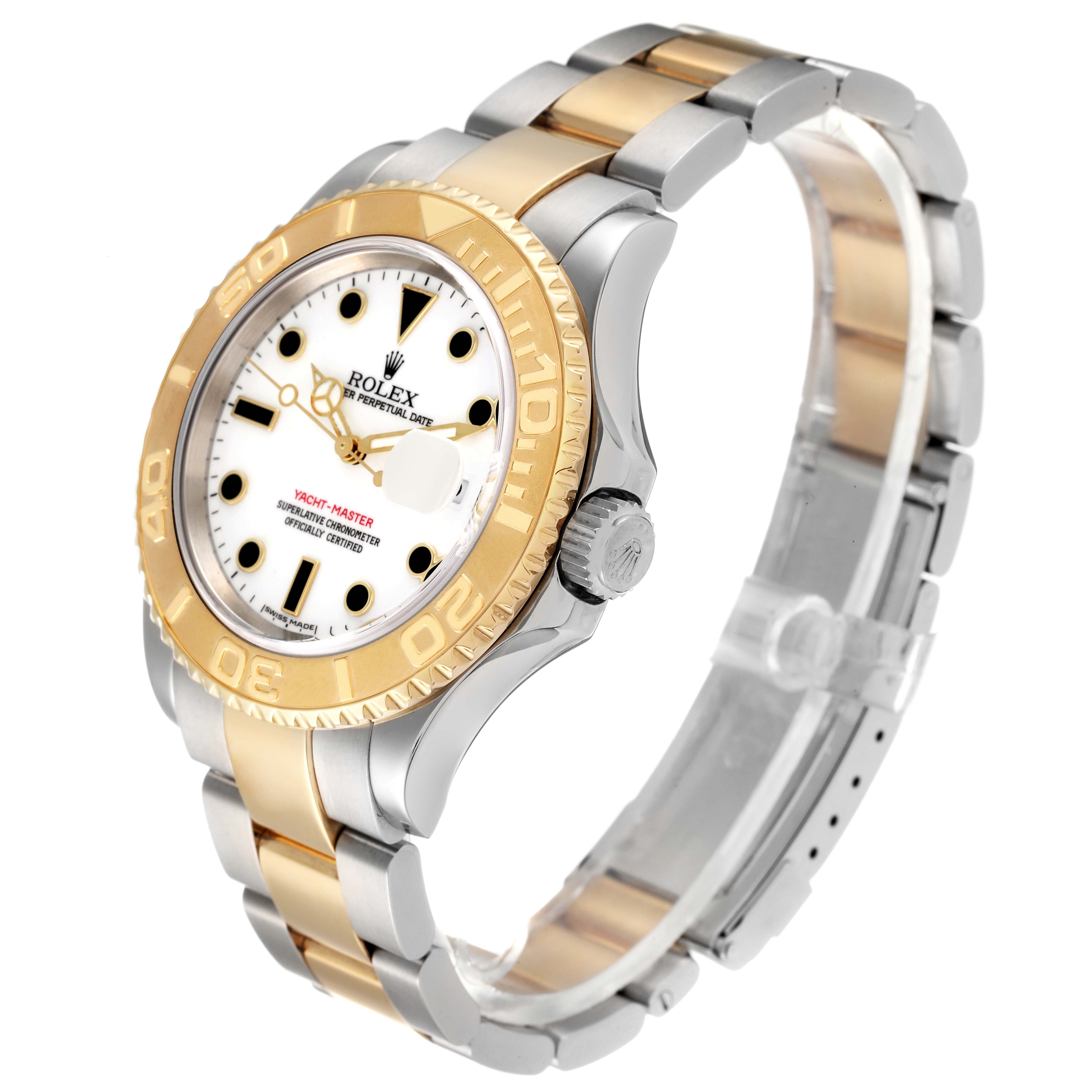 The image shows a Rolex Yacht-Master 16623 Men's Steel and Gold (two tone) White Dial 16623 Men's Steel and Gold (two tone) White Dial watch at a three-quarter angle, highlighting the bezel, dial, bracelet, and crown.
