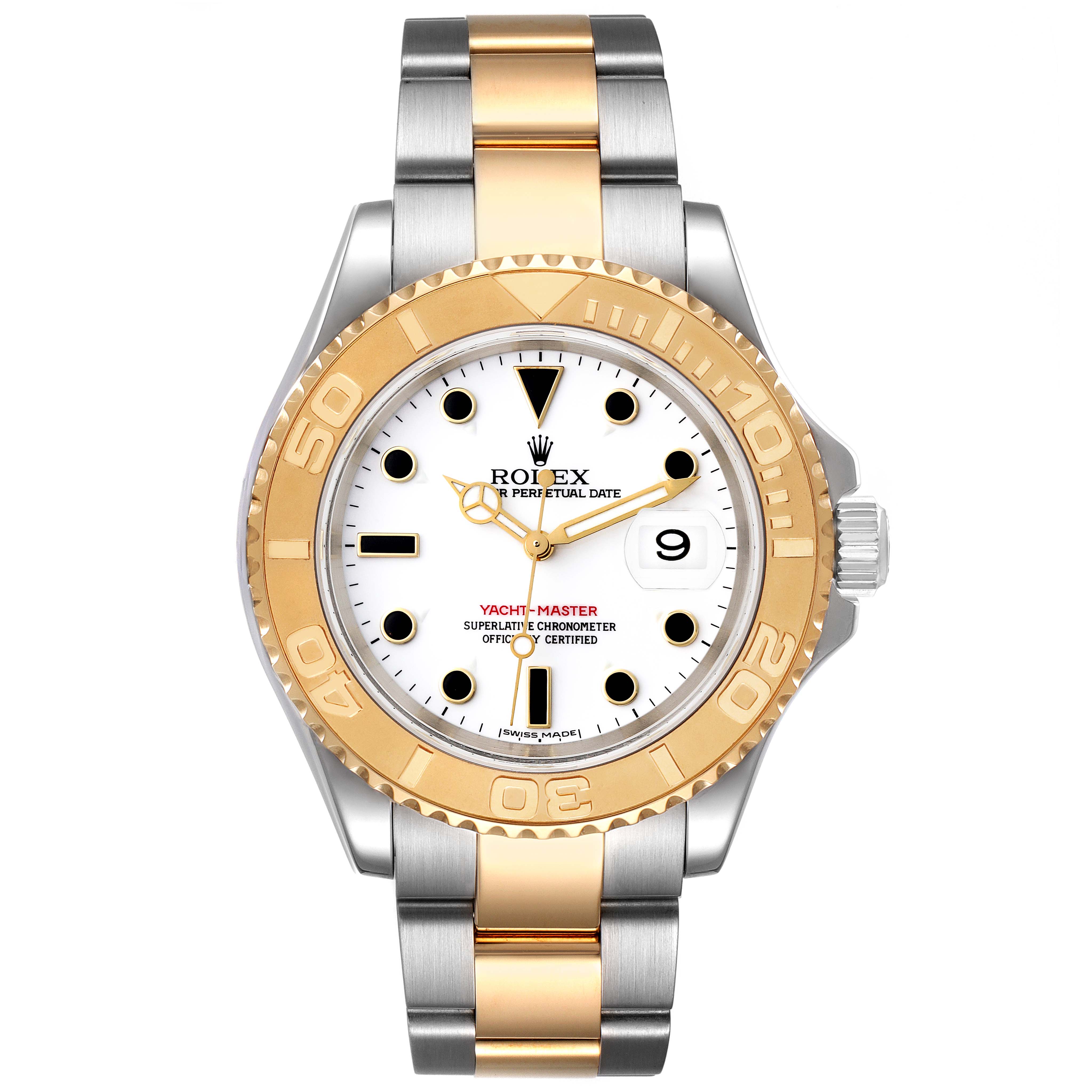 The image shows a front view of a Rolex Yacht-Master 16623 Men's Steel and Gold (two tone) White Dial 16623 Men's Steel and Gold (two tone) White Dial watch, highlighting its dial, bezel, and bracelet.