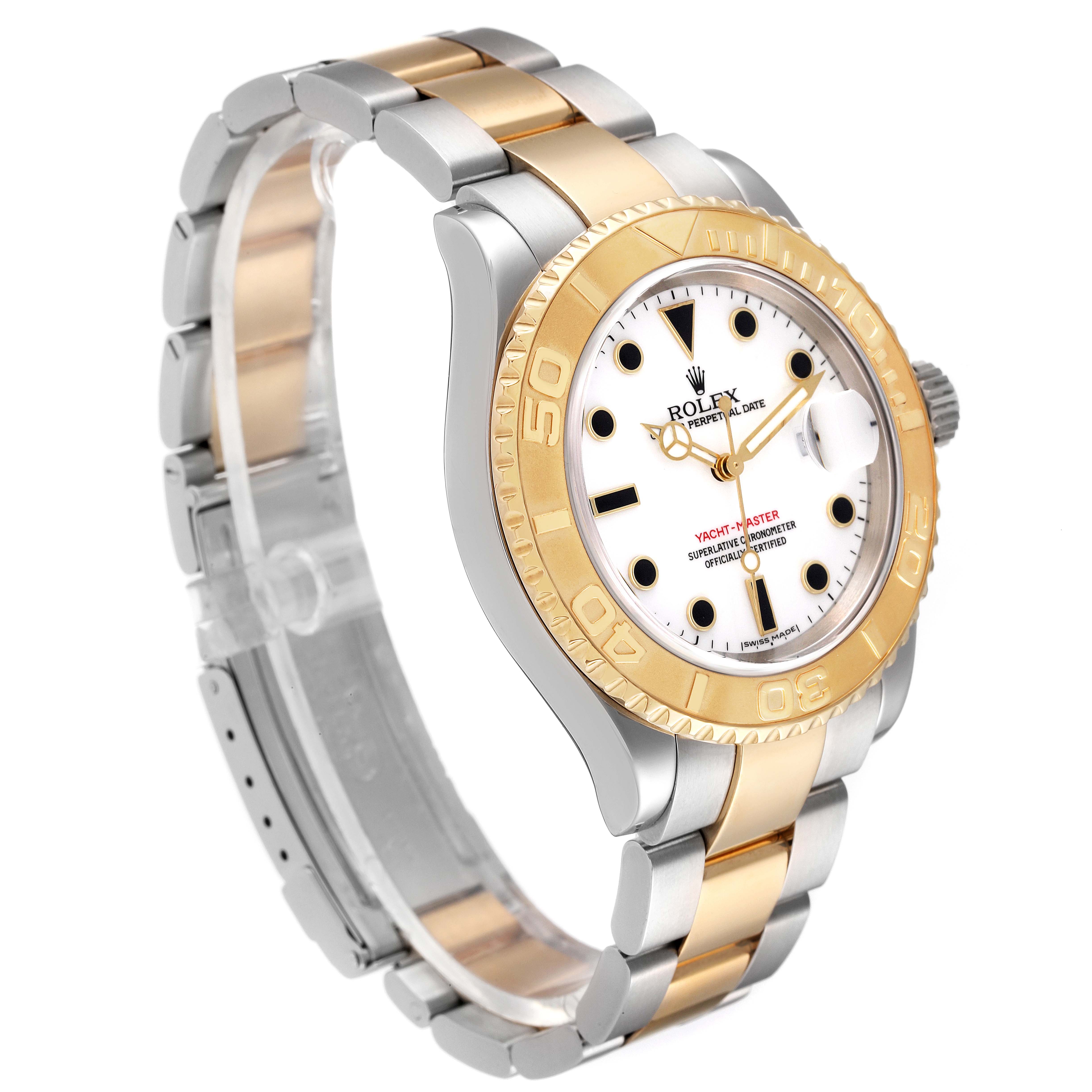 The Rolex Yacht-Master 16623 Men's Steel and Gold (two tone) White Dial 16623 Men's Steel and Gold (two tone) White Dial watch is shown at an angle highlighting its face, bezel, and two-tone bracelet.