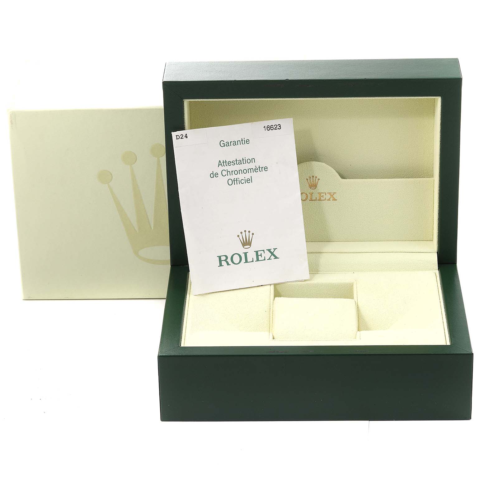 The image shows an open green Rolex watch box for the Yacht-Master model, with accompanying warranty and chronometer certificates.