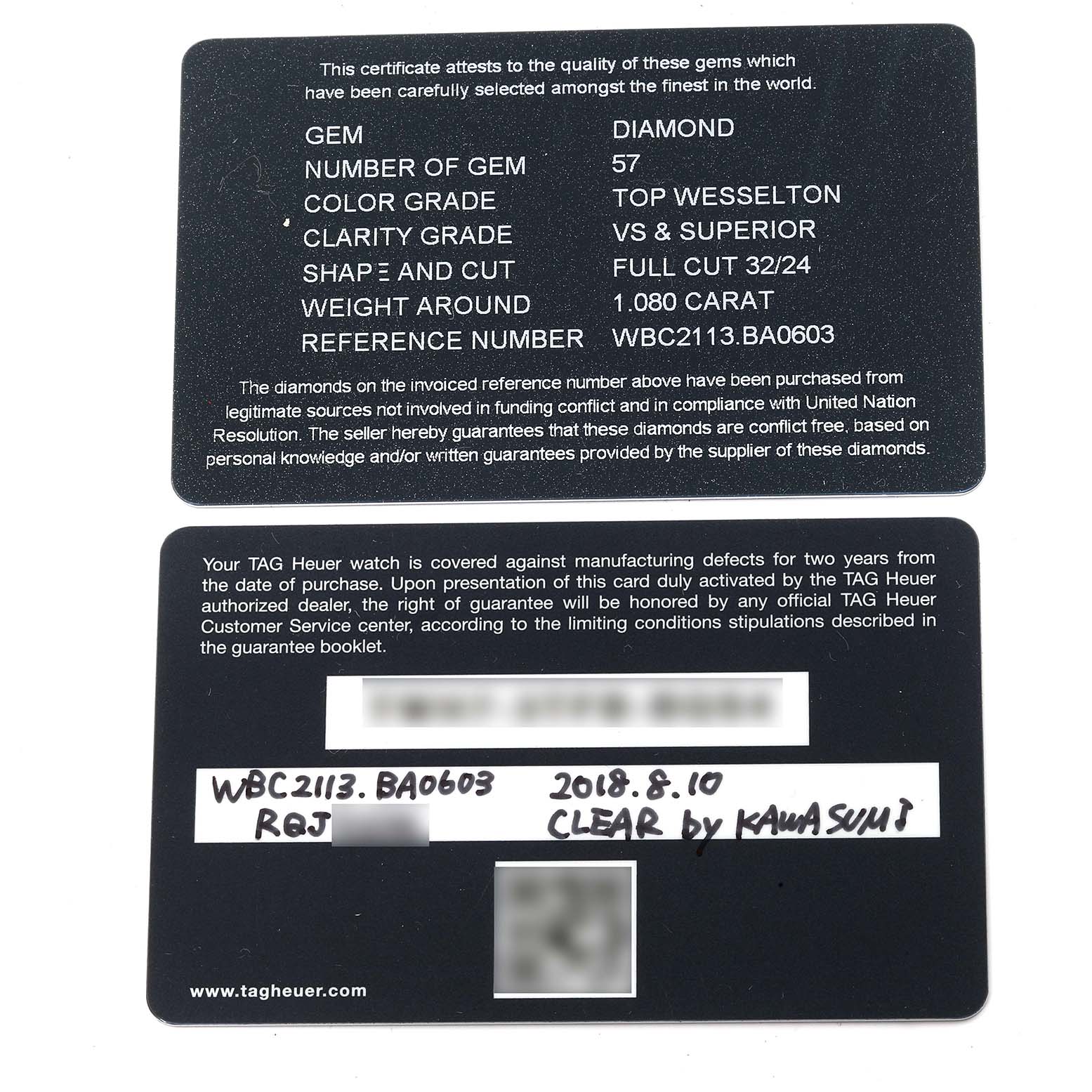 The image shows certification cards for a Tag Heuer Link WBC2113.BA0603 Men's Stainless Steel Blue Dial WBC2113.BA0603 Men's Stainless Steel Blue Dial model watch, detailing gem quality and warranty information.