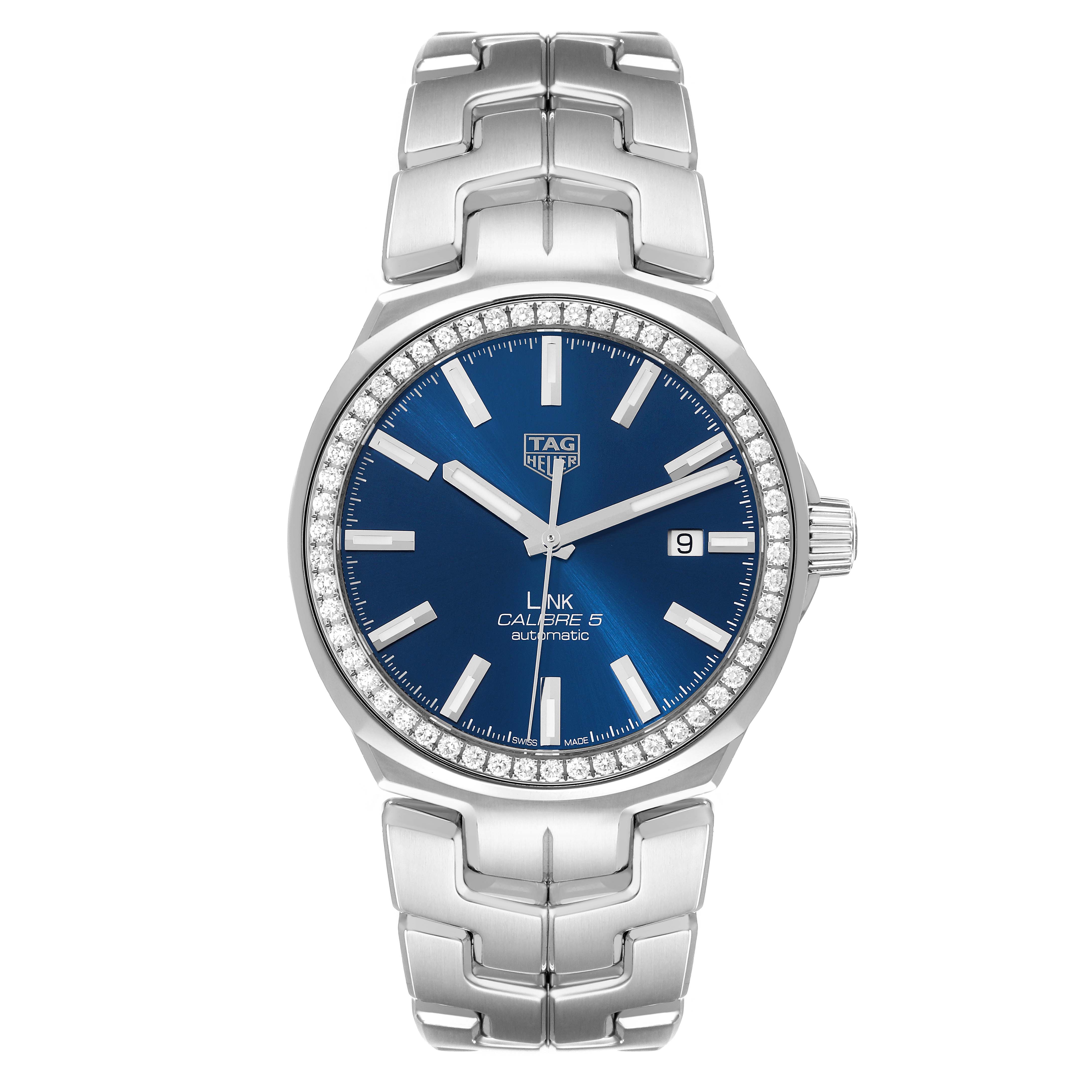 This image shows a front view of the Tag Heuer Link WBC2113.BA0603 Men's Stainless Steel Blue Dial WBC2113.BA0603 Men's Stainless Steel Blue Dial model watch, displaying its blue dial, stainless steel bracelet, and bezel adorned with diamonds.