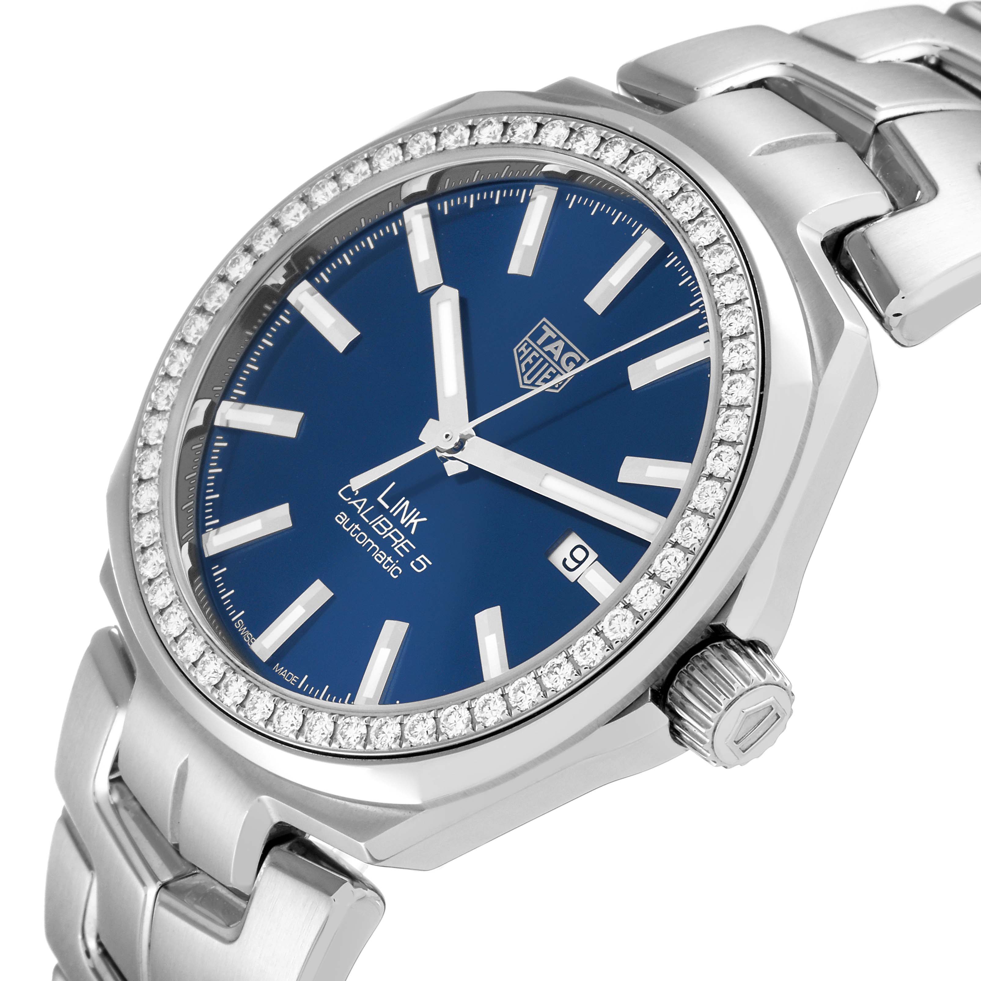The Tag Heuer Link WBC2113.BA0603 Men's Stainless Steel Blue Dial WBC2113.BA0603 Men's Stainless Steel Blue Dial watch is shown at an angle highlighting the blue dial, bezel with diamonds, crown, and partial bracelet.