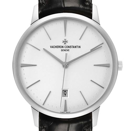 The Vacheron Constantin Patrimony 85180/000G Men's White Gold Silver Dial watch is shown from the front, displaying the dial, markers, hands, and crown.