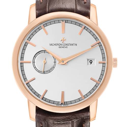 The Vacheron Constantin Traditionnelle 87172 Men's Rose Gold Silver Dial watch is shown from a front angle, highlighting the dial, hands, and date window.