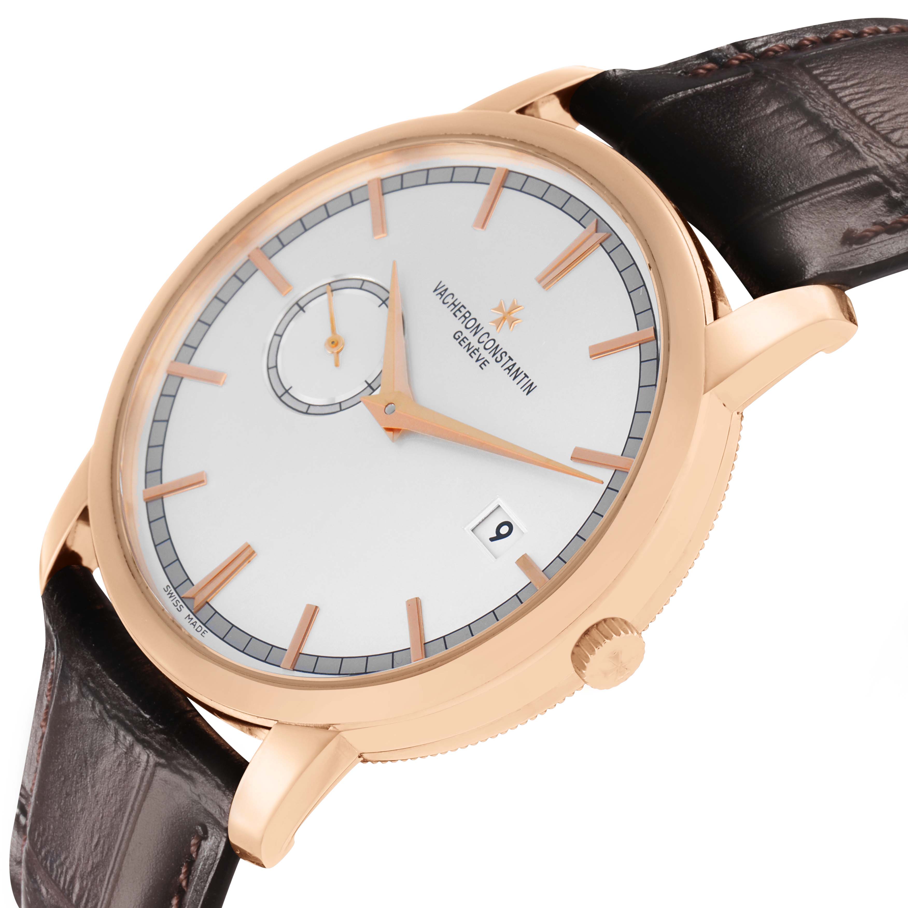 The Vacheron Constantin Traditionnelle 87172 Men's Rose Gold Silver Dial watch is shown at a slight angled view, highlighting the face, hands, indexes, case, and part of the strap.