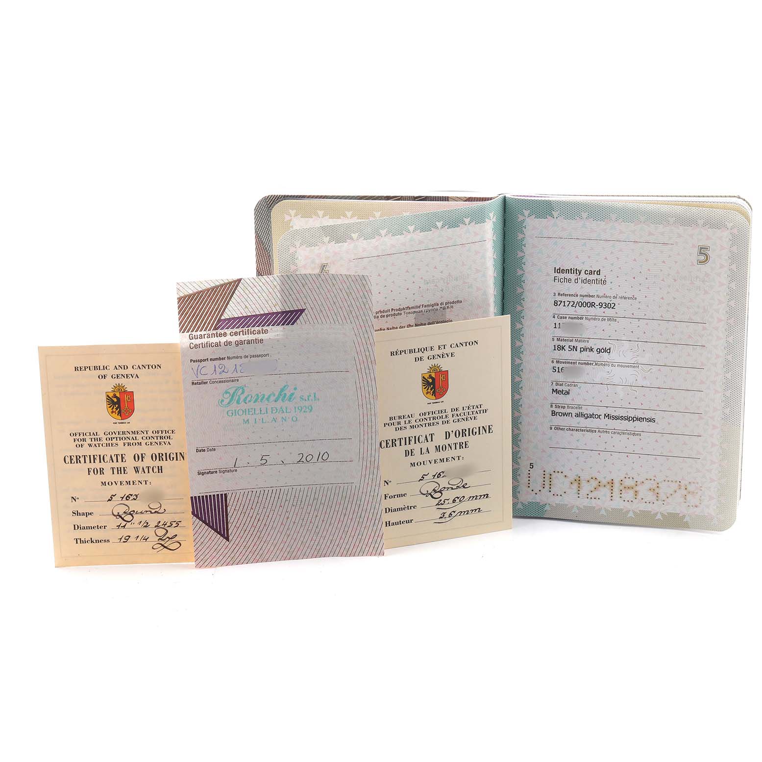 The image shows certificates and documents for a Vacheron Constantin Traditionnelle 87172 Men's Rose Gold Silver Dial watch, including an identity card and guarantee.