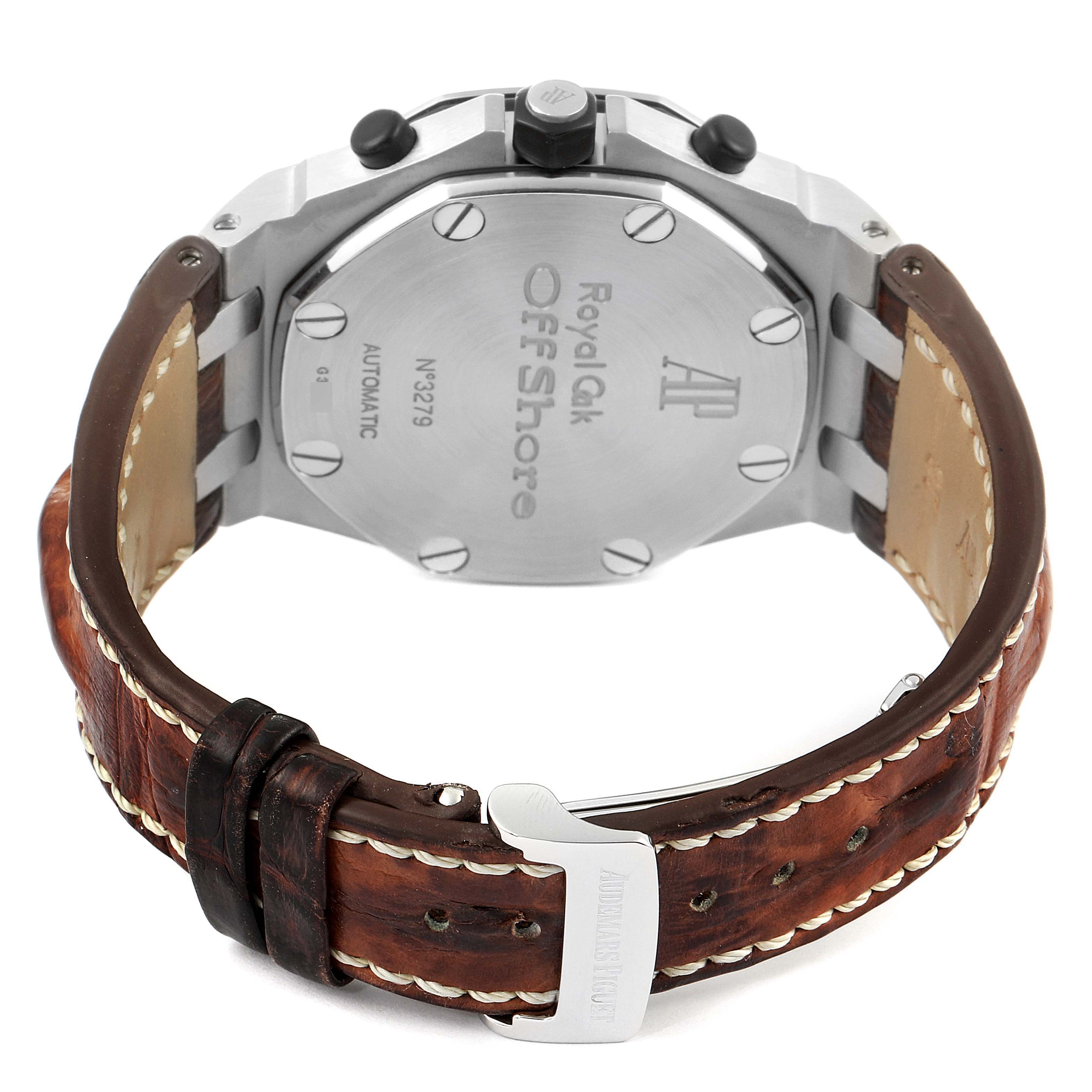 The image shows the back view of an Audemars Piguet Royal Oak Offshore 26170ST.OO.D091CR.01 Men's Stainless Steel Silver Dial 26170ST.OO.D091CR.01 Men's Stainless Steel Silver Dial wristwatch, highlighting the case back and leather strap with buckle.