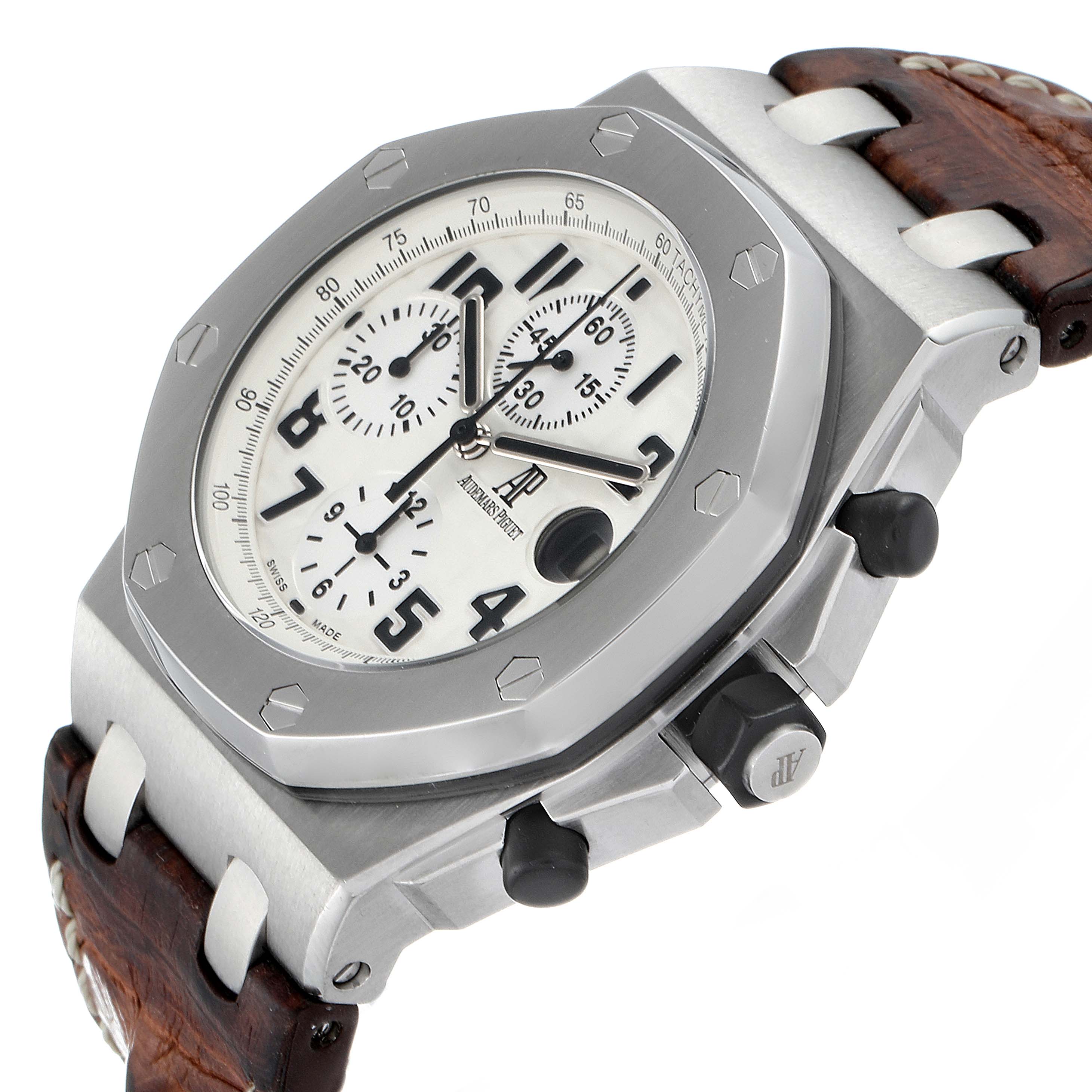 The image shows a close-up, angled view of the Audemars Piguet Royal Oak Offshore 26170ST.OO.D091CR.01 Men's Stainless Steel Silver Dial 26170ST.OO.D091CR.01 Men's Stainless Steel Silver Dial watch, highlighting the face, bezel, and part of the strap.