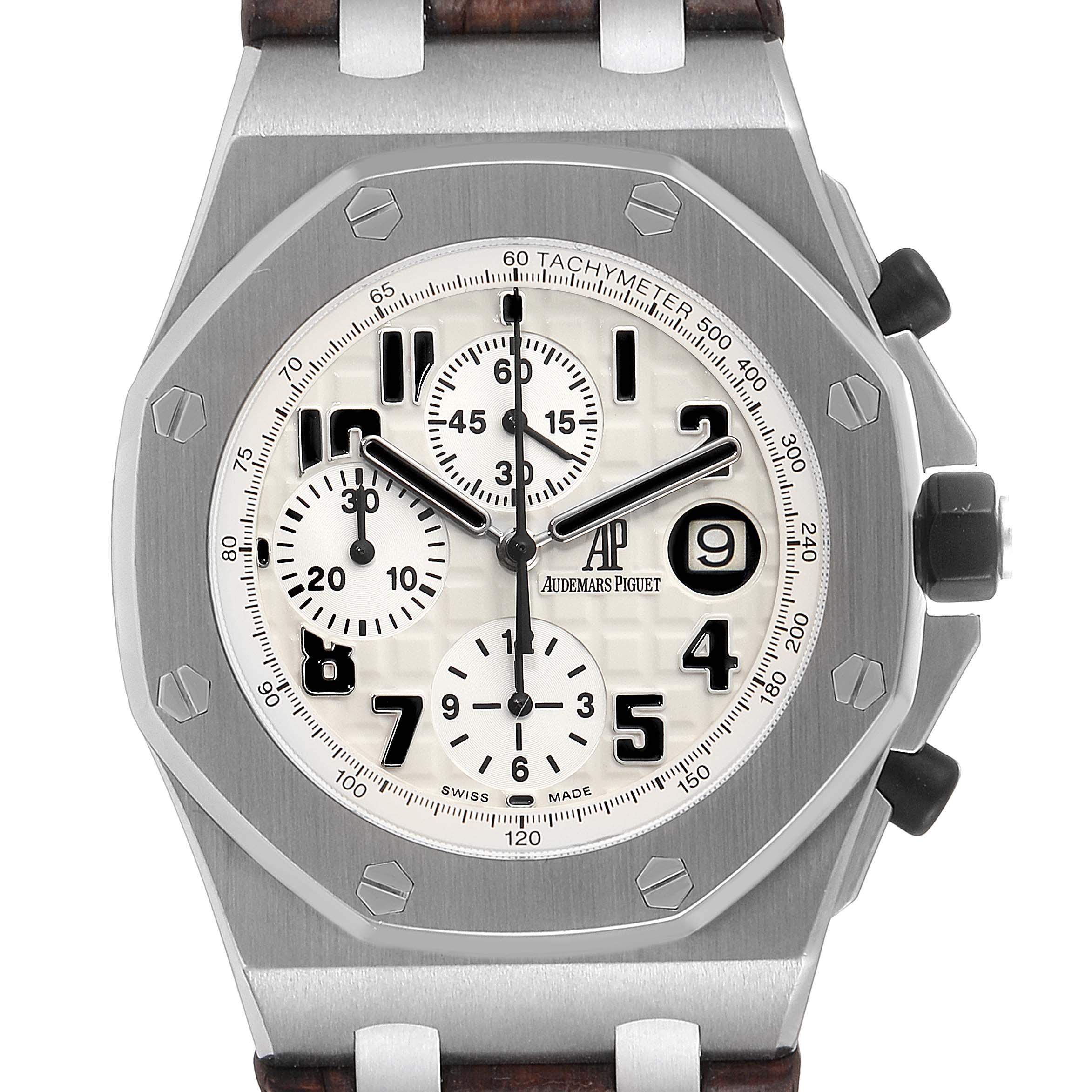 The image shows the front view of the Audemars Piguet Royal Oak Offshore 26170ST.OO.D091CR.01 Men's Stainless Steel Silver Dial 26170ST.OO.D091CR.01 Men's Stainless Steel Silver Dial watch, highlighting its dial, chronograph subdials, and bezel.