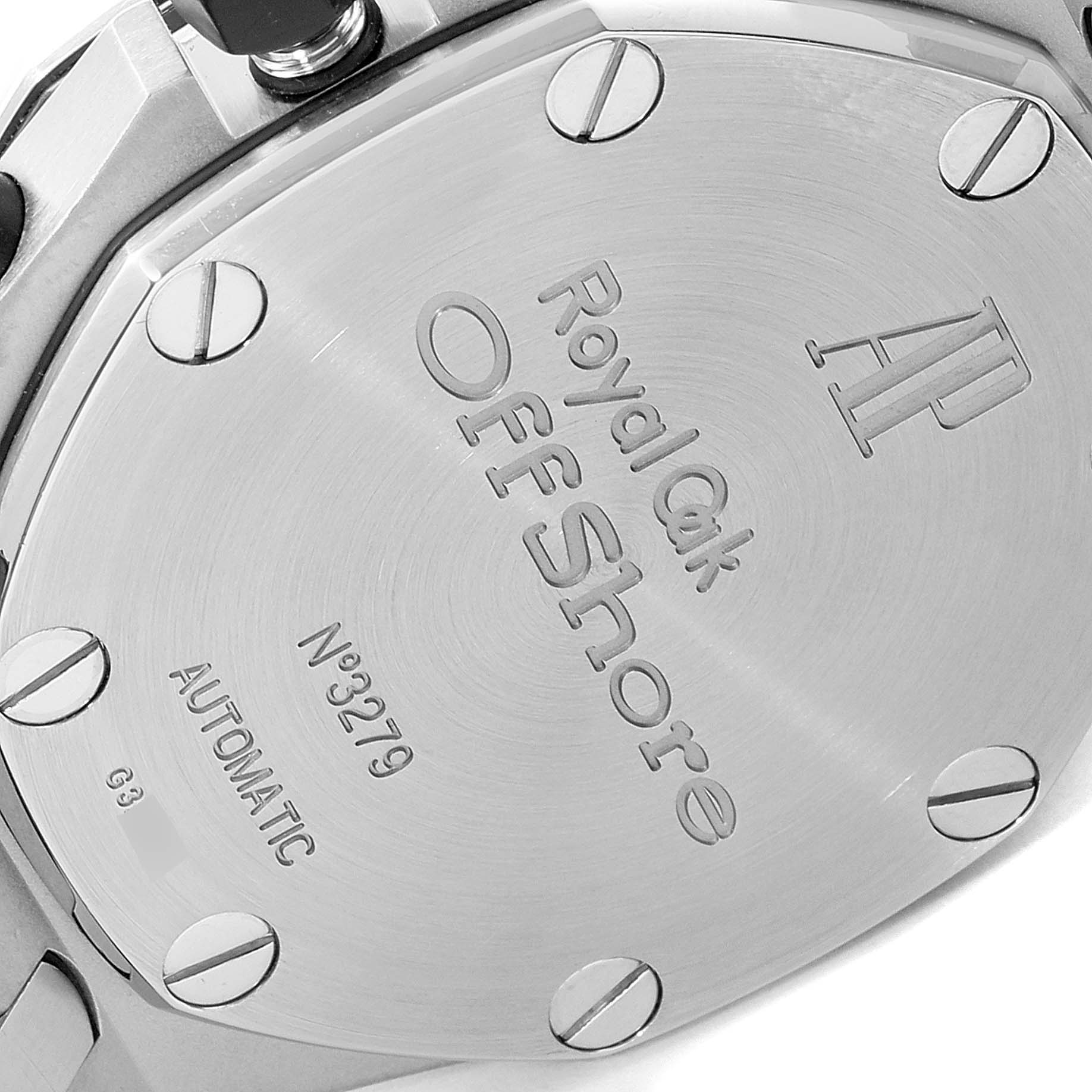This image shows a close-up of the back case of an Audemars Piguet Royal Oak Offshore 26170ST.OO.D091CR.01 Men's Stainless Steel Silver Dial 26170ST.OO.D091CR.01 Men's Stainless Steel Silver Dial watch.