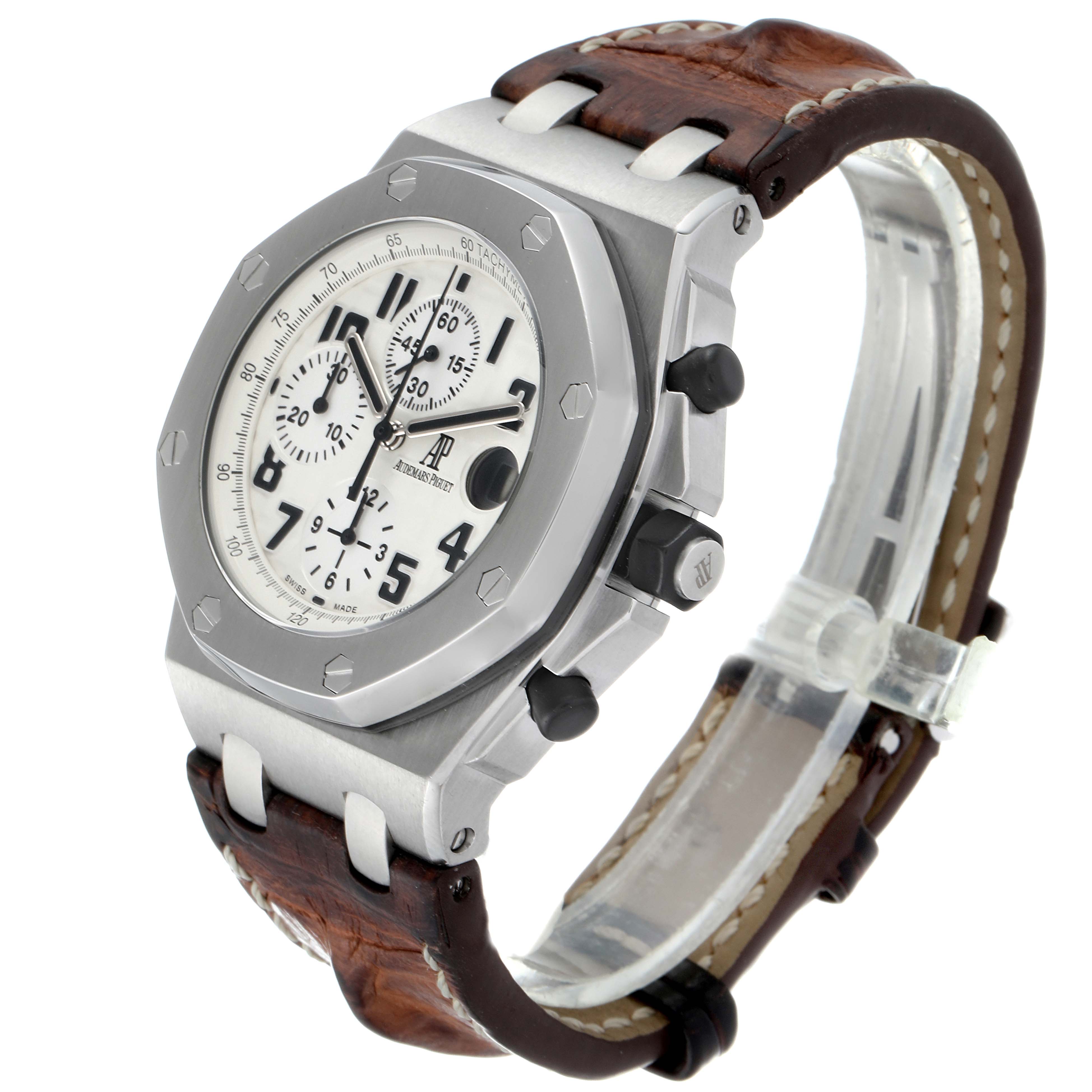 This image shows a side-angle view of the Audemars Piguet Royal Oak Offshore 26170ST.OO.D091CR.01 Men's Stainless Steel Silver Dial 26170ST.OO.D091CR.01 Men's Stainless Steel Silver Dial watch, highlighting its dial, bezel, crown, and leather strap.