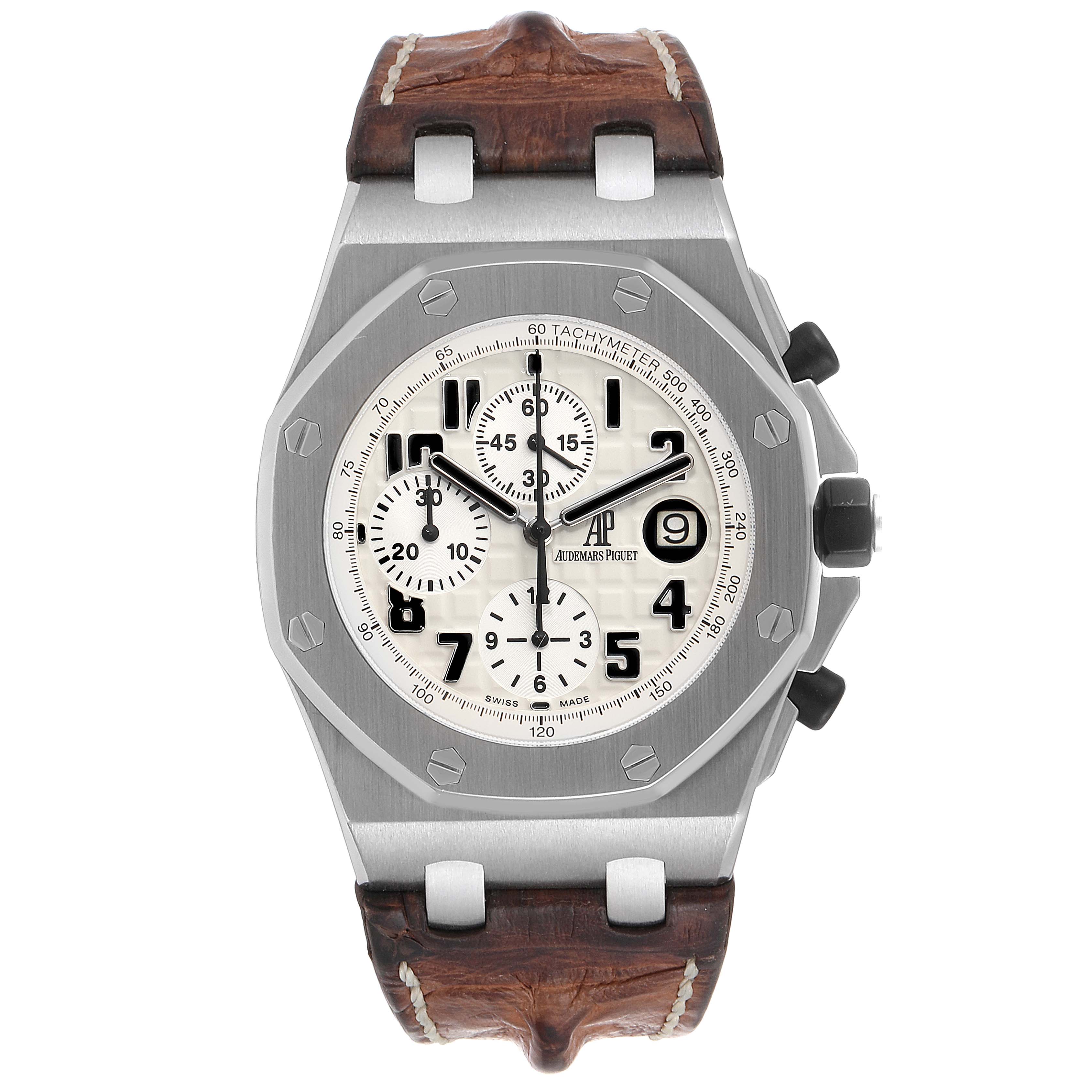 The image shows a front view of the Audemars Piguet Royal Oak Offshore 26170ST.OO.D091CR.01 Men's Stainless Steel Silver Dial 26170ST.OO.D091CR.01 Men's Stainless Steel Silver Dial watch, displaying its dial, bezel, pushers, and leather strap.