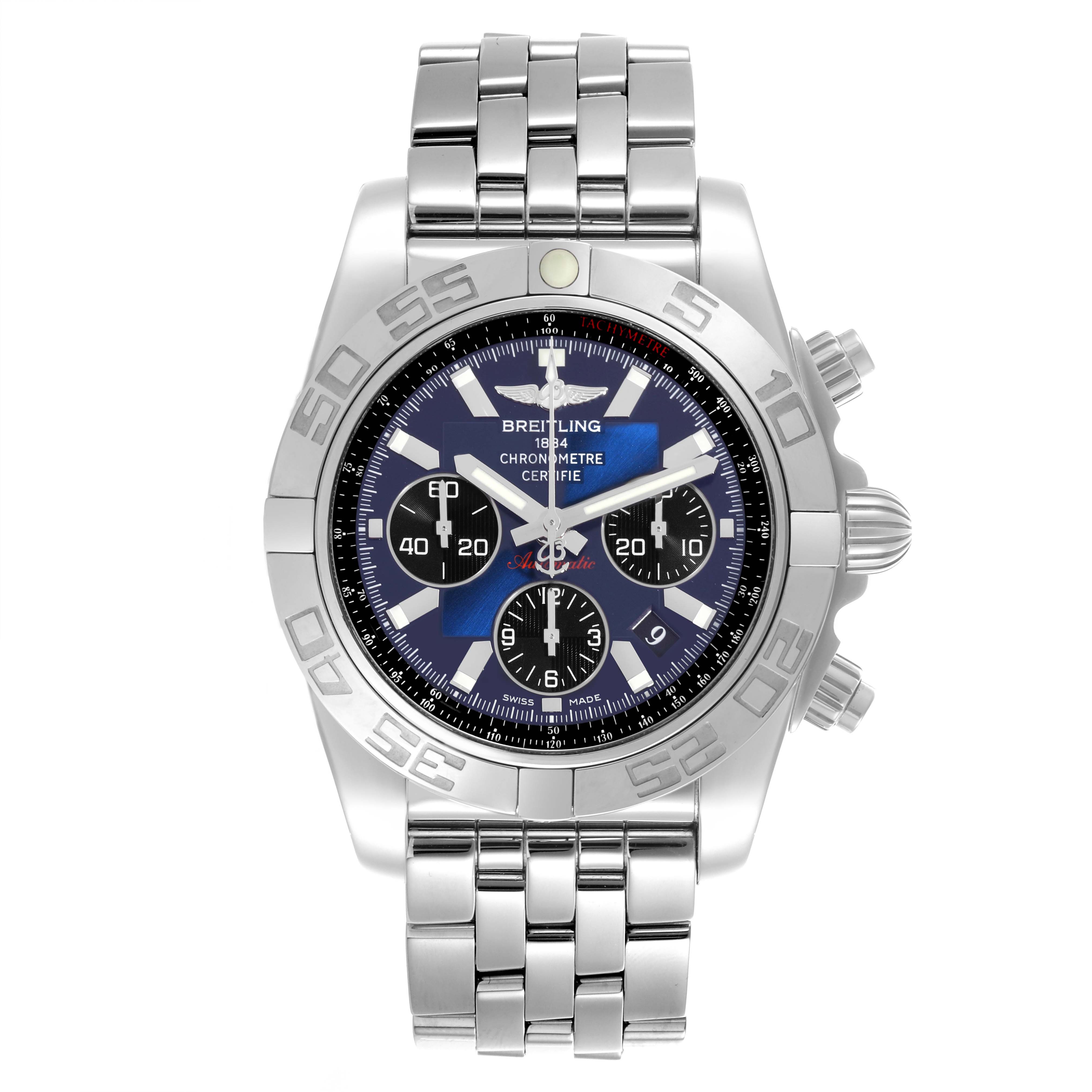 The Breitling Chronomat AB0110/A011C89PA Men's Stainless Steel Blue Dial AB0110/A011C89PA Men's Stainless Steel Blue Dial watch is shown from a top-down angle, displaying the face, bezel, case, and partial bracelet.