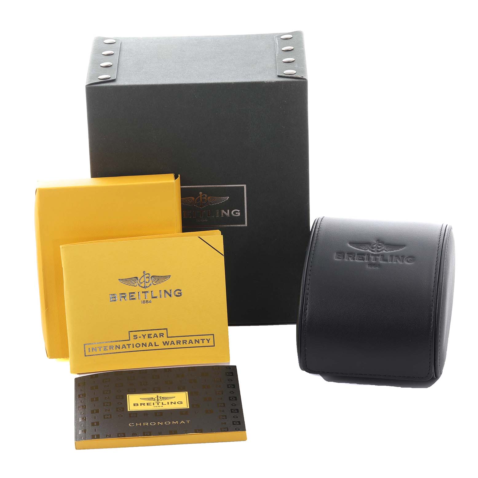 The image shows the packaging, warranty card, and carrying case for a Breitling Chronomat AB0110/A011C89PA Men's Stainless Steel Blue Dial AB0110/A011C89PA Men's Stainless Steel Blue Dial watch, viewed from the front.