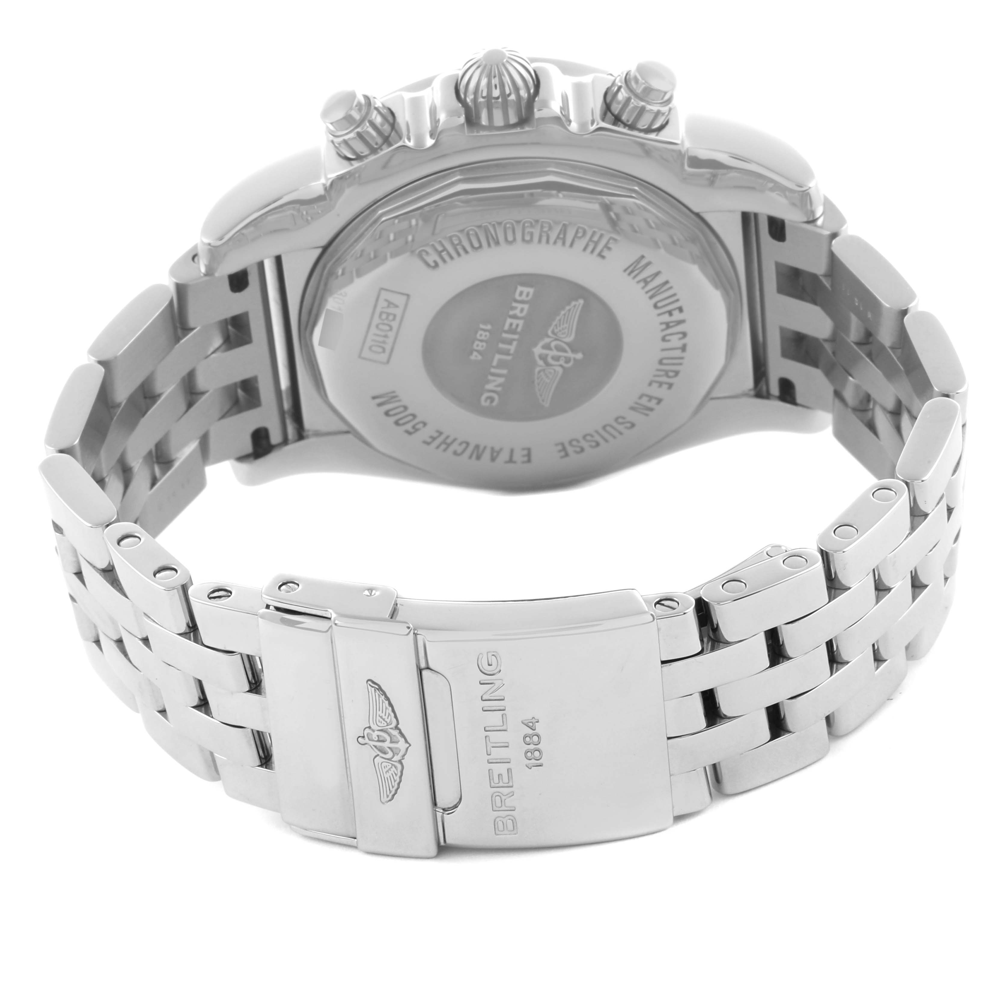 The Breitling Chronomat AB0110/A011C89PA Men's Stainless Steel Blue Dial AB0110/A011C89PA Men's Stainless Steel Blue Dial watch is shown from the rear, displaying the case back and metal bracelet clasp.