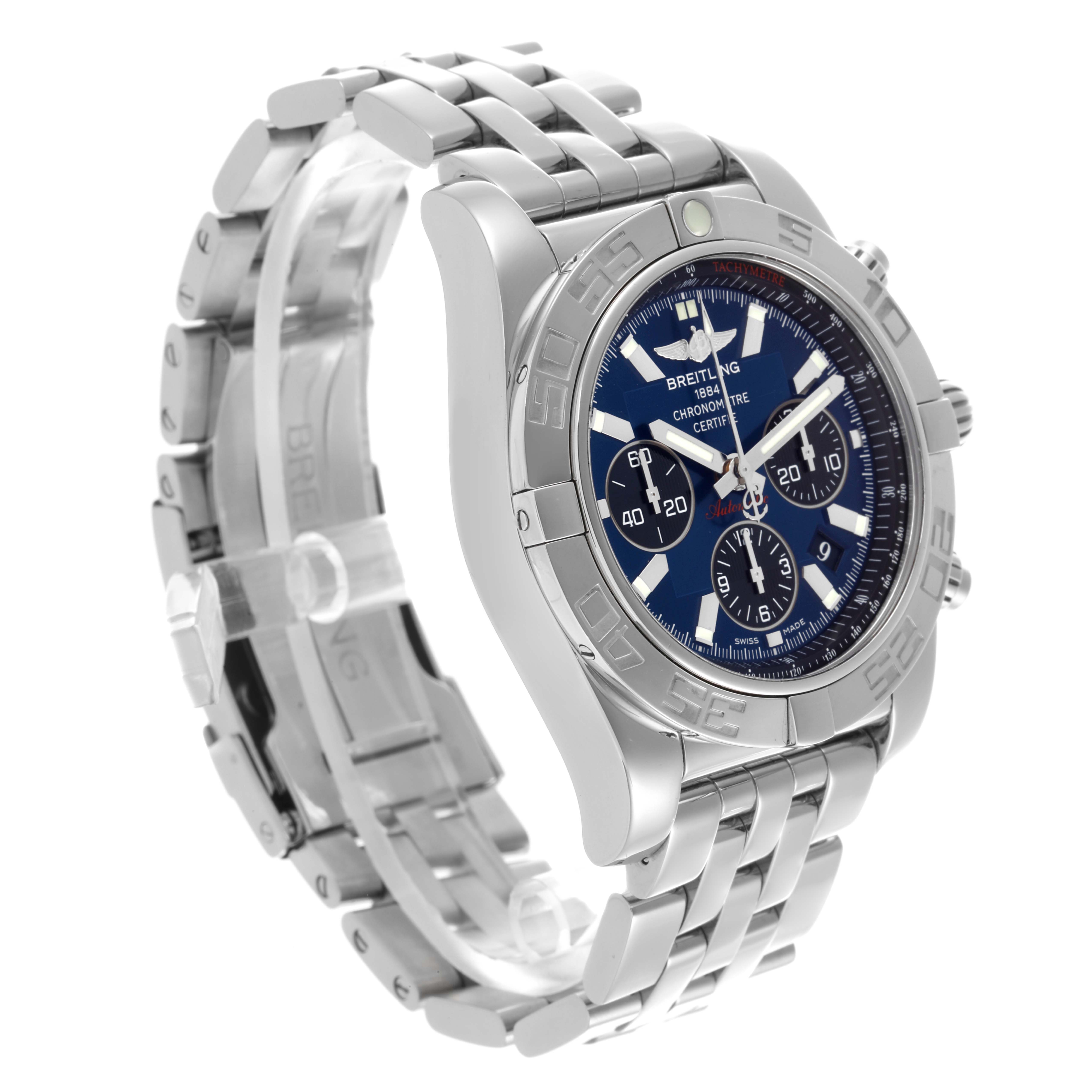 The Breitling Chronomat AB0110/A011C89PA Men's Stainless Steel Blue Dial AB0110/A011C89PA Men's Stainless Steel Blue Dial watch is shown at a three-quarter angle, highlighting the face, bezel, and metal bracelet.