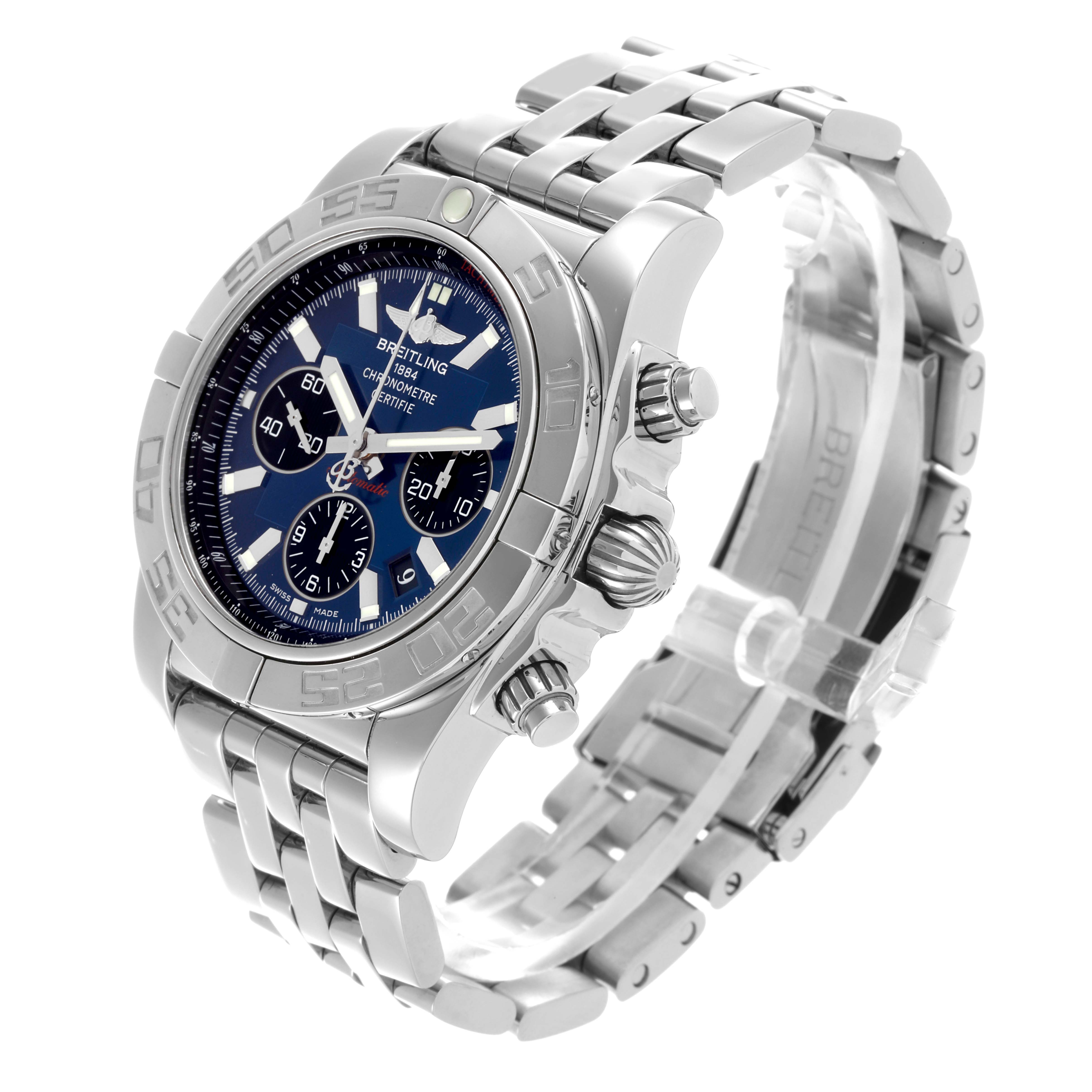 The Breitling Chronomat AB0110/A011C89PA Men's Stainless Steel Blue Dial AB0110/A011C89PA Men's Stainless Steel Blue Dial watch is shown at an angle displaying its face, bezel, crown, and metal bracelet.